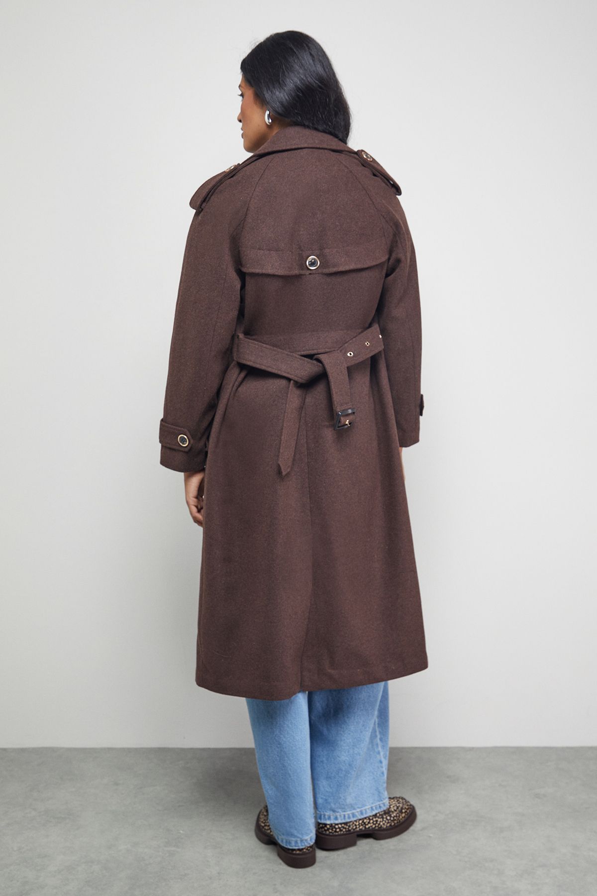 Warehouse Wool Mix Belted Trench Coat Chocolate image 3