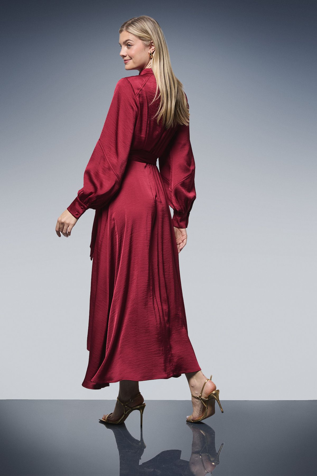 Principles Tie Waist High Neck Satin Midi Dress Wine image 3