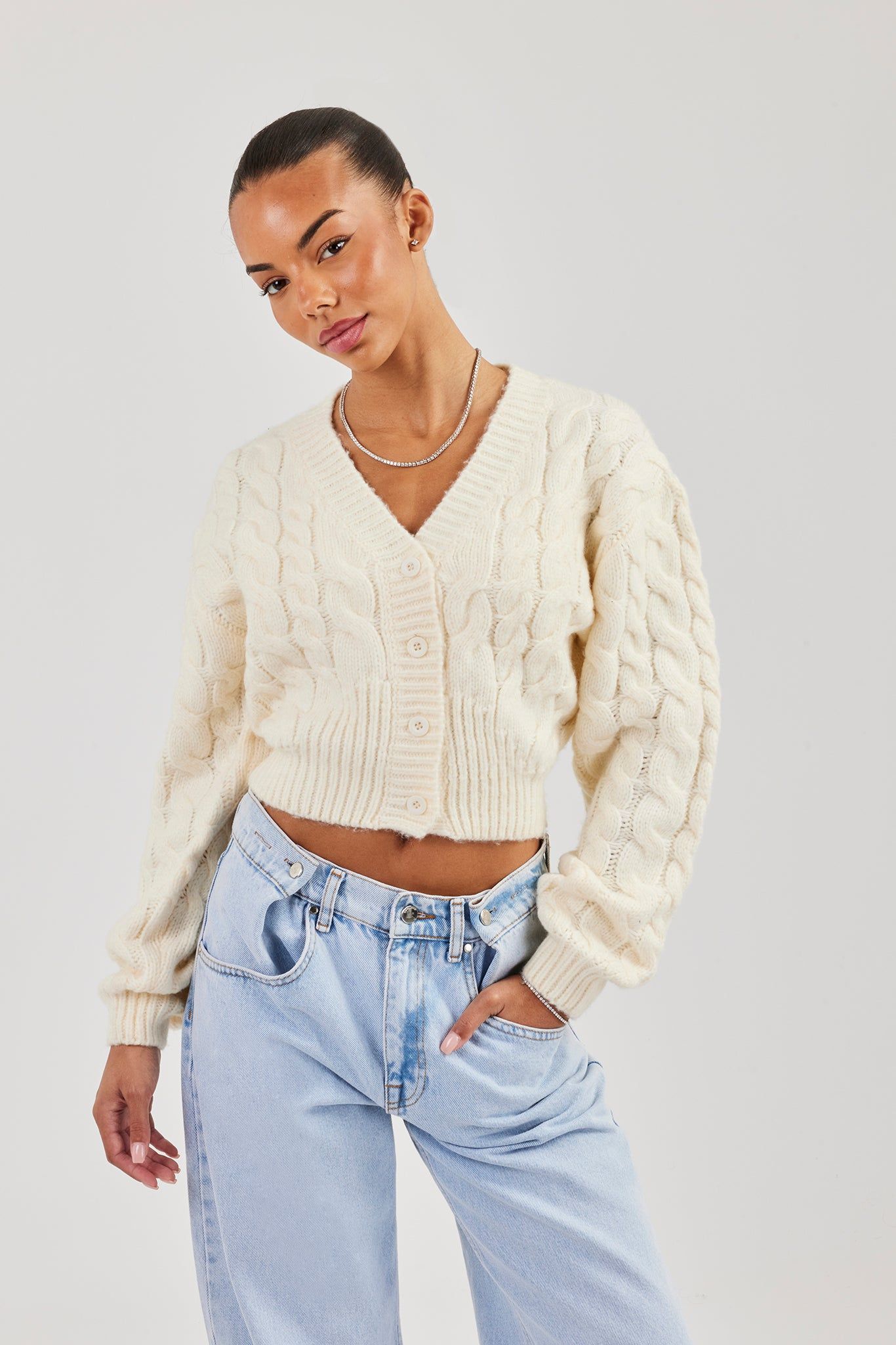 Cernucci Cable Knit V Neck Cardigan - Oatmeal image 2