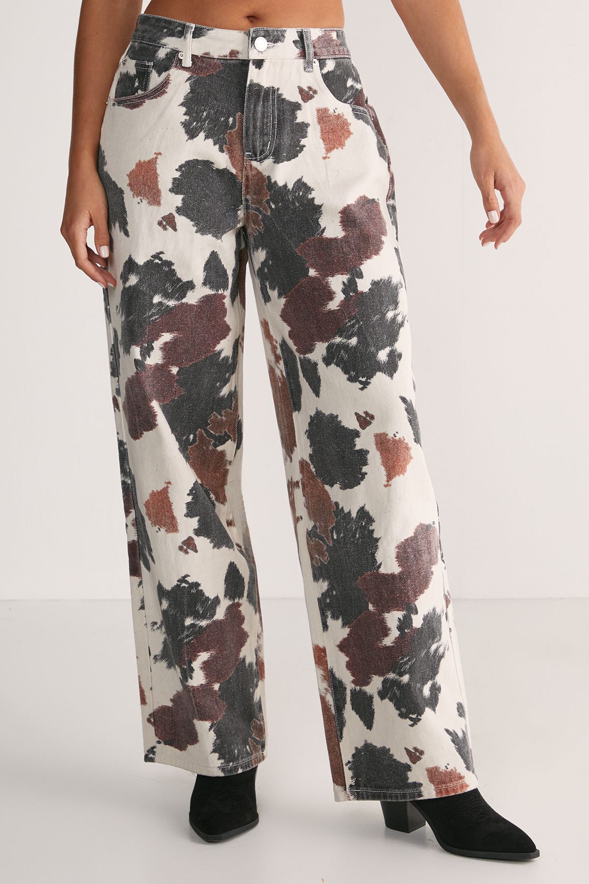 NastyGal Cow Print Straight Leg Denim Jeans Off White image 2