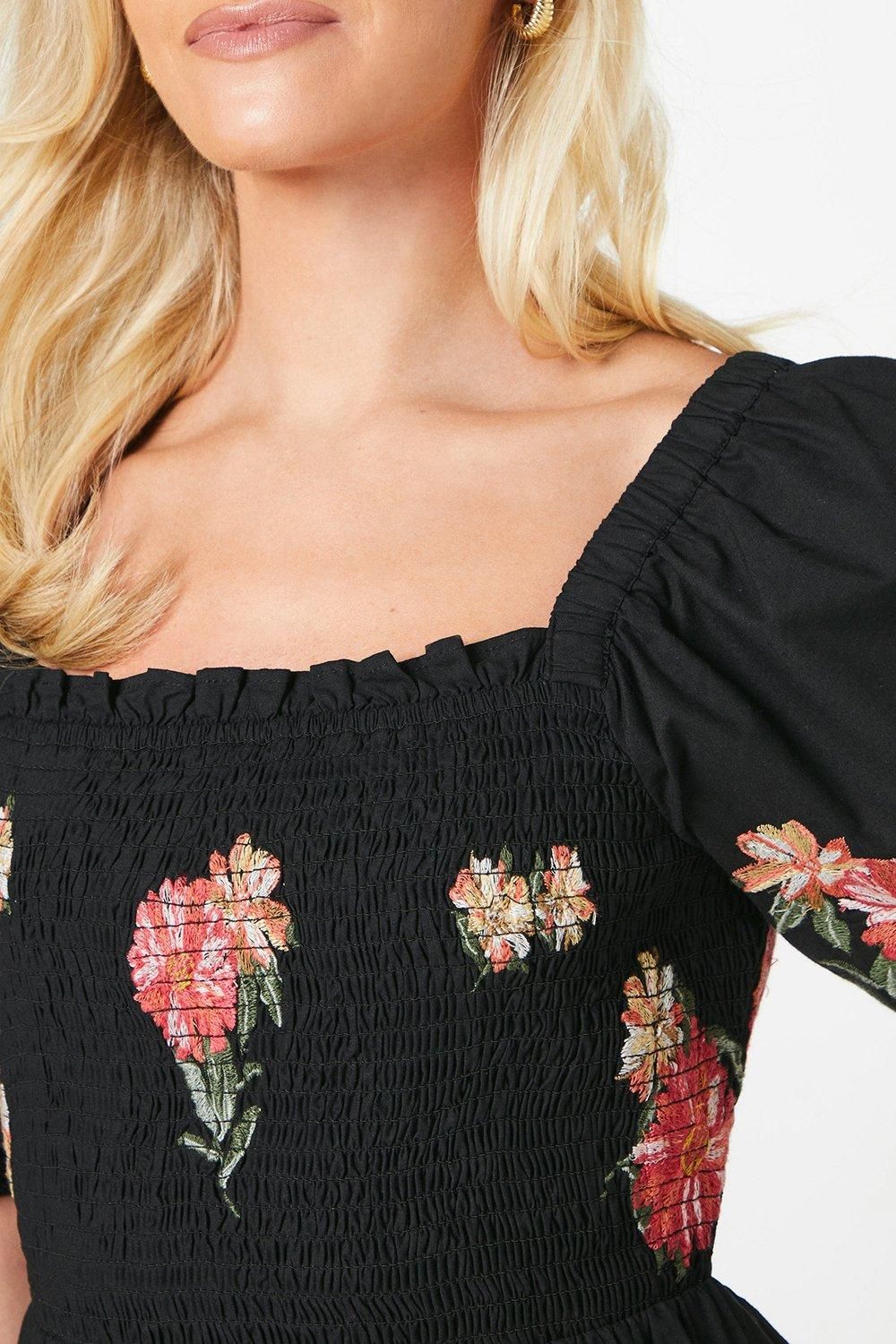 Dorothy Perkins Embroidered Poplin Shirred Bodice Midi Dress Mono image 4