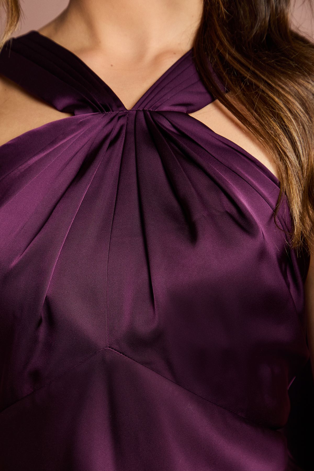 Coast Satin Halterneck Maxi Bridesmaid Dress with Over The Shoulder Drape Detail Grape image 5