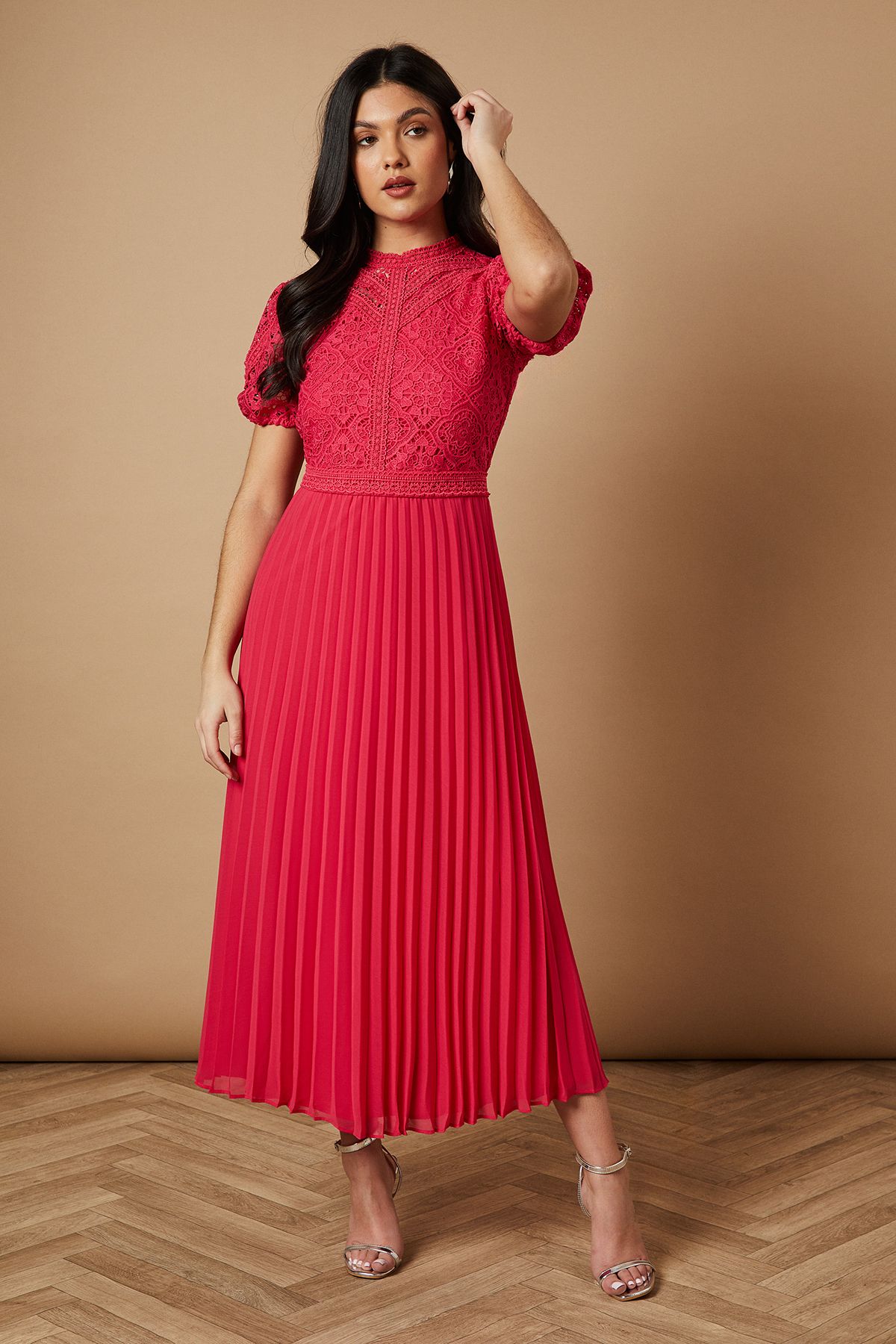 Oasis Lace Puff Sleeve Pleated Midi Dress Hot Pink image 1