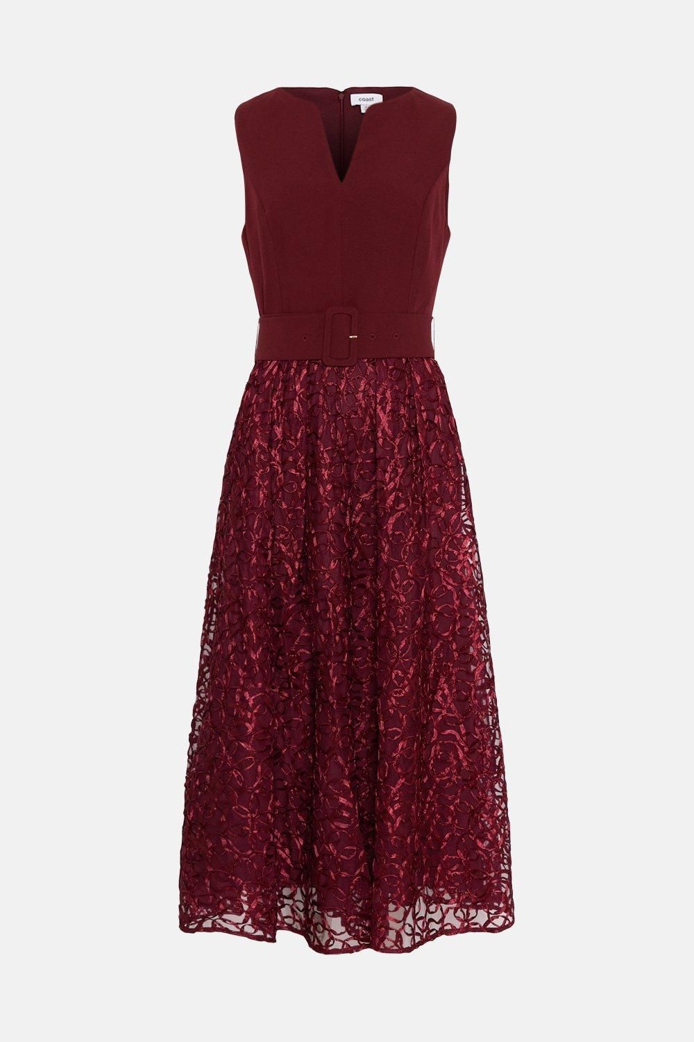Coast Notch Neck Belted Embroidered Midi Dress Aubergine image 4