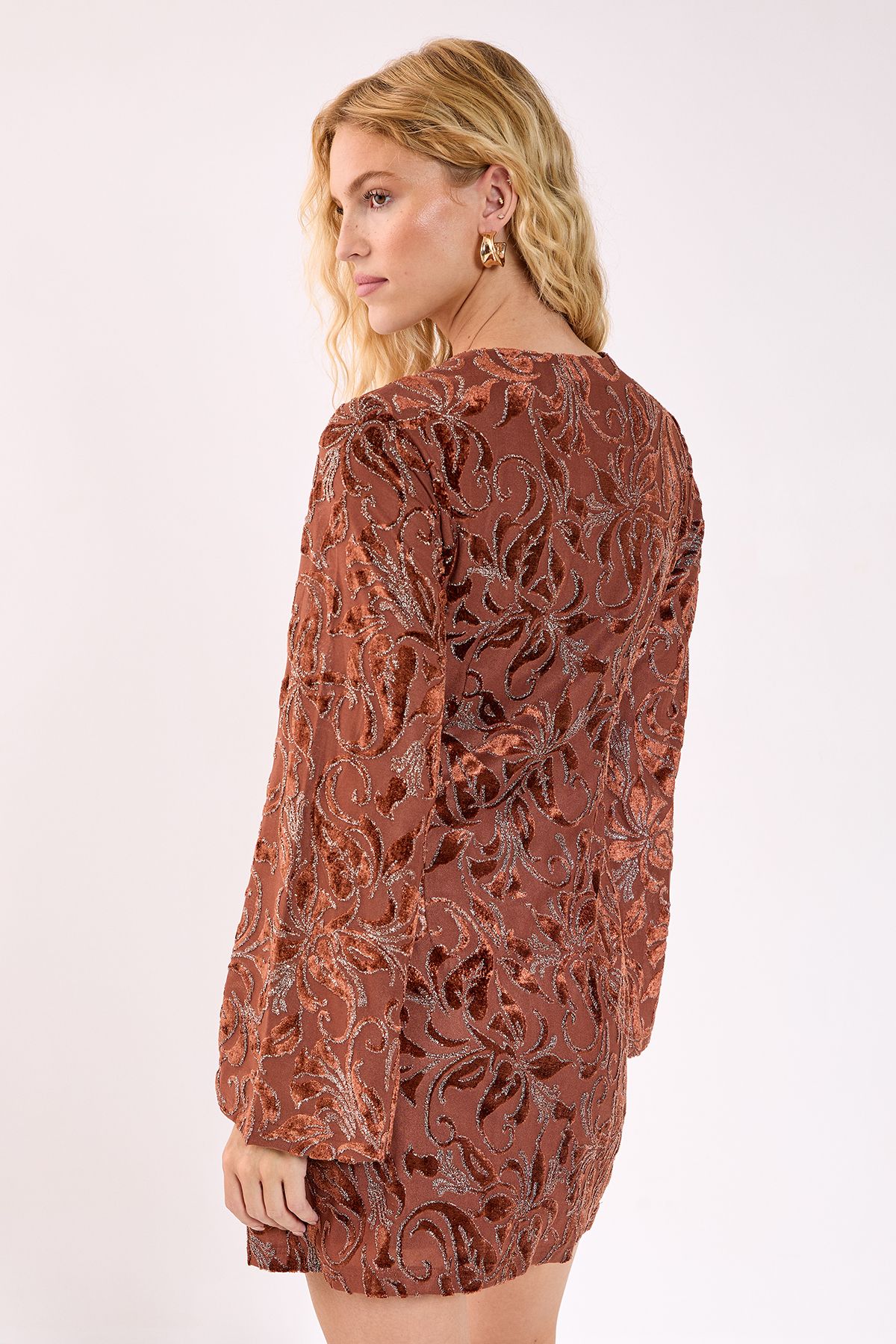 NastyGal Devore Lace Up Fluted Sleeve Mini Dress Brown image 4