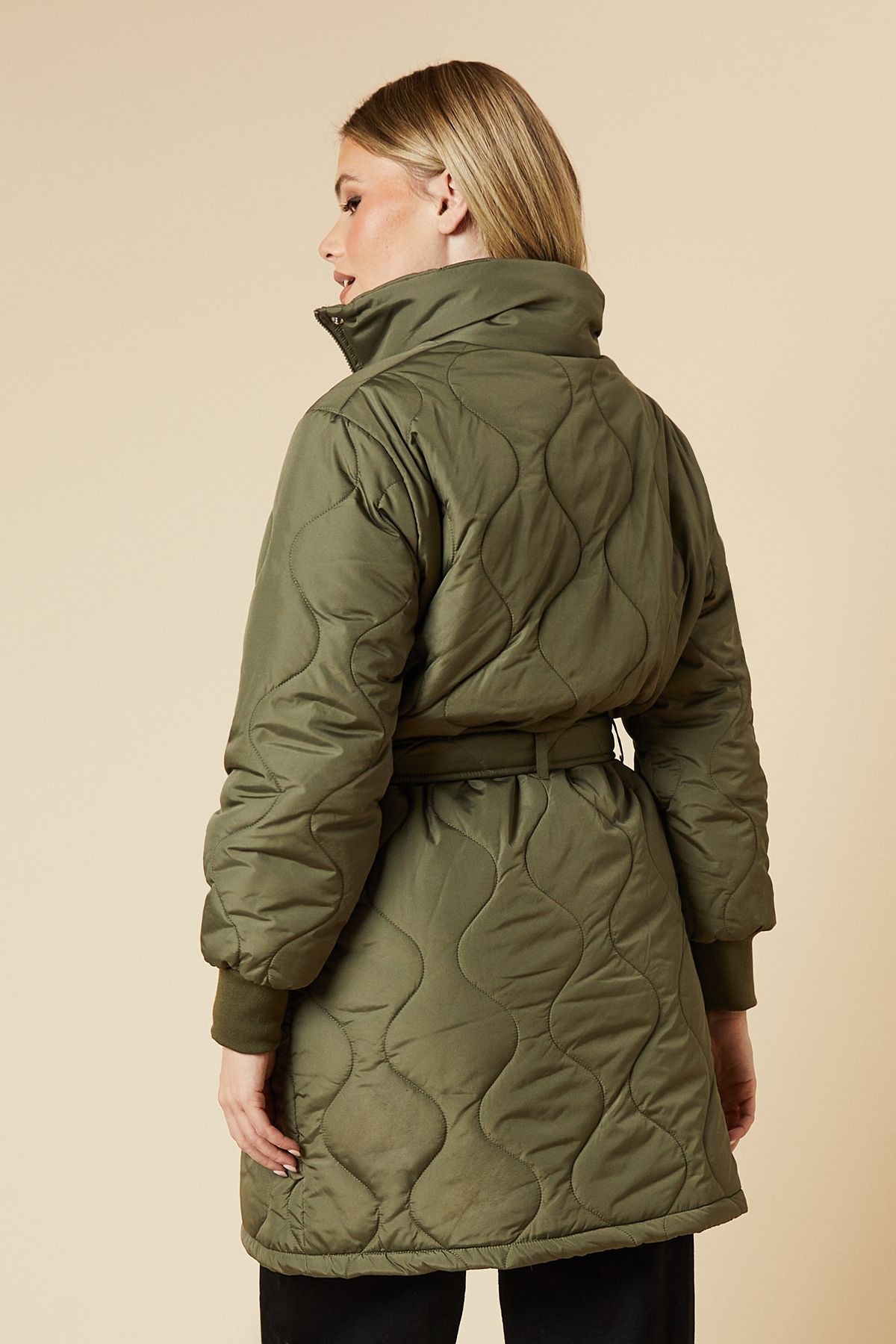 Dorothy Perkins Self Covered Button Quilted Padded Puffer Midi Coat Khaki image 2