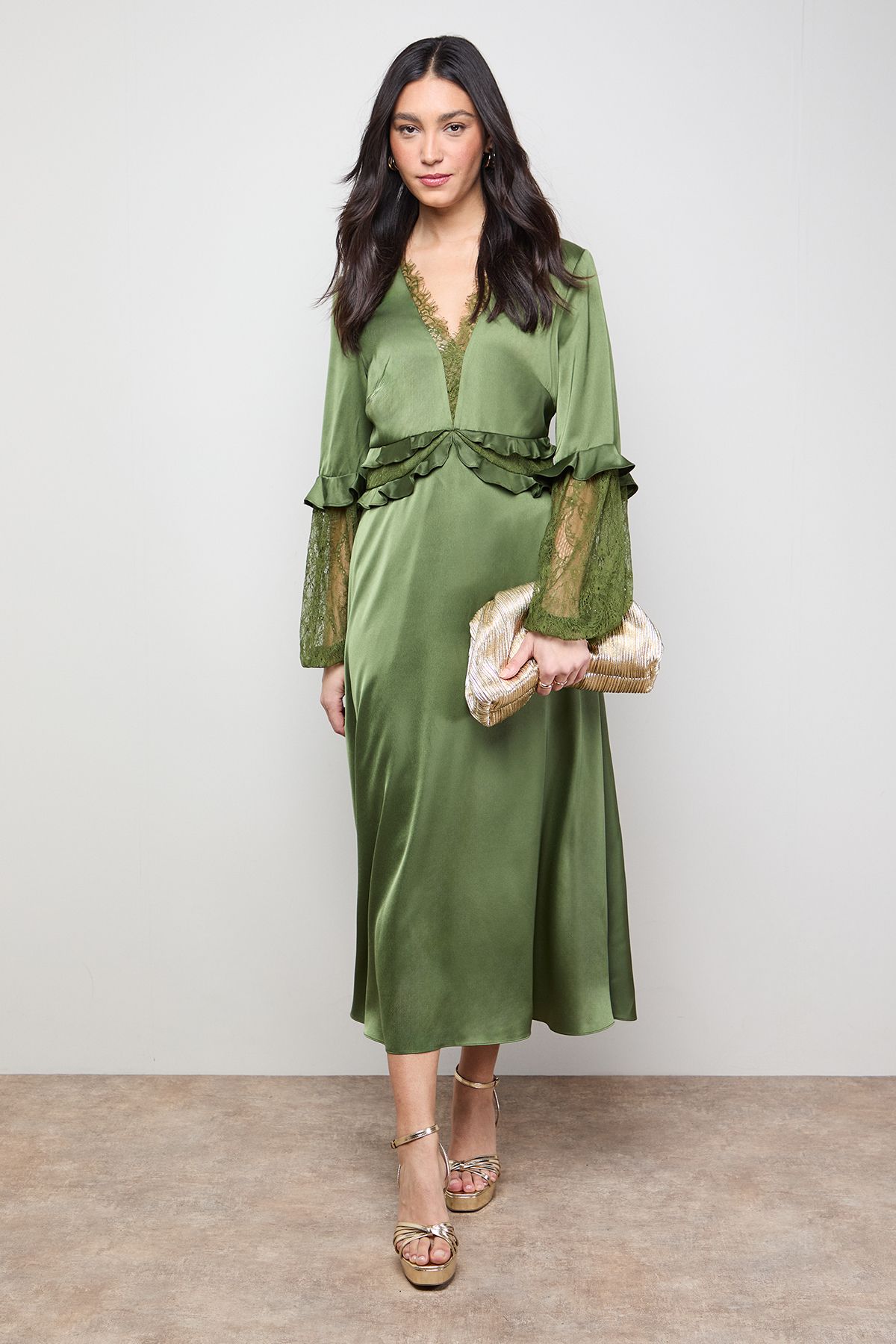 Oasis Lace Sleeve Frill Waist V Neck Midi Dress Olive