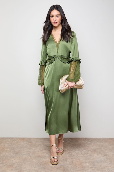 Oasis Lace Sleeve Frill Waist V Neck Midi Dress Olive