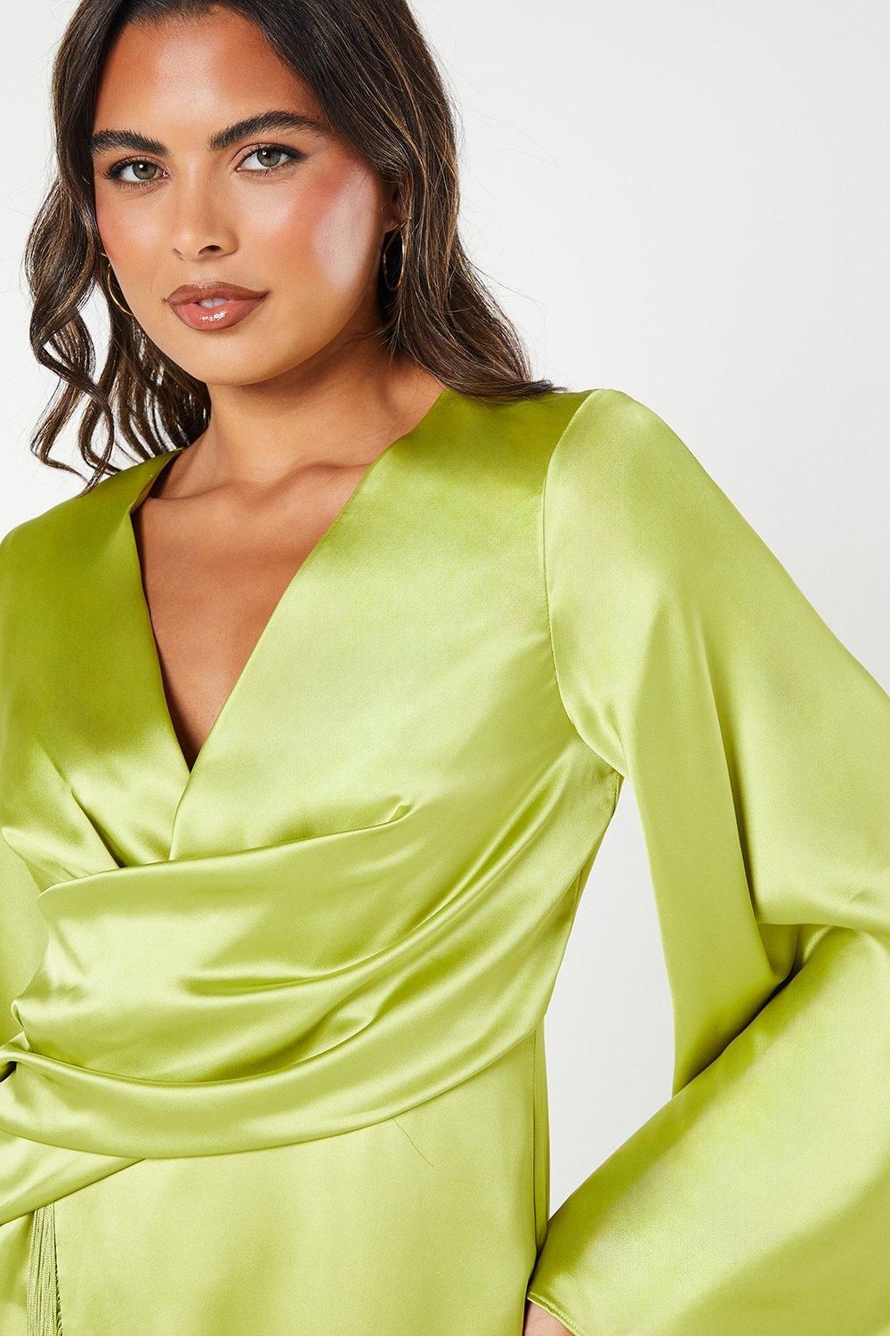 Coast Satin Fringe Hem Wrap Waist Midi Dress Chartreuse image 4