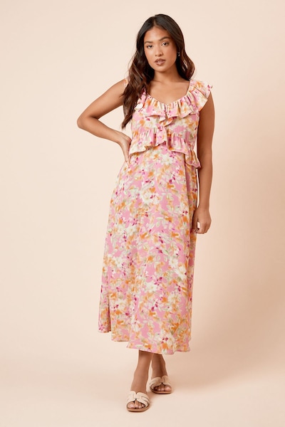 Dorothy Perkins Petite Floral Frill Neckline Tie Back Midi Dress Floral