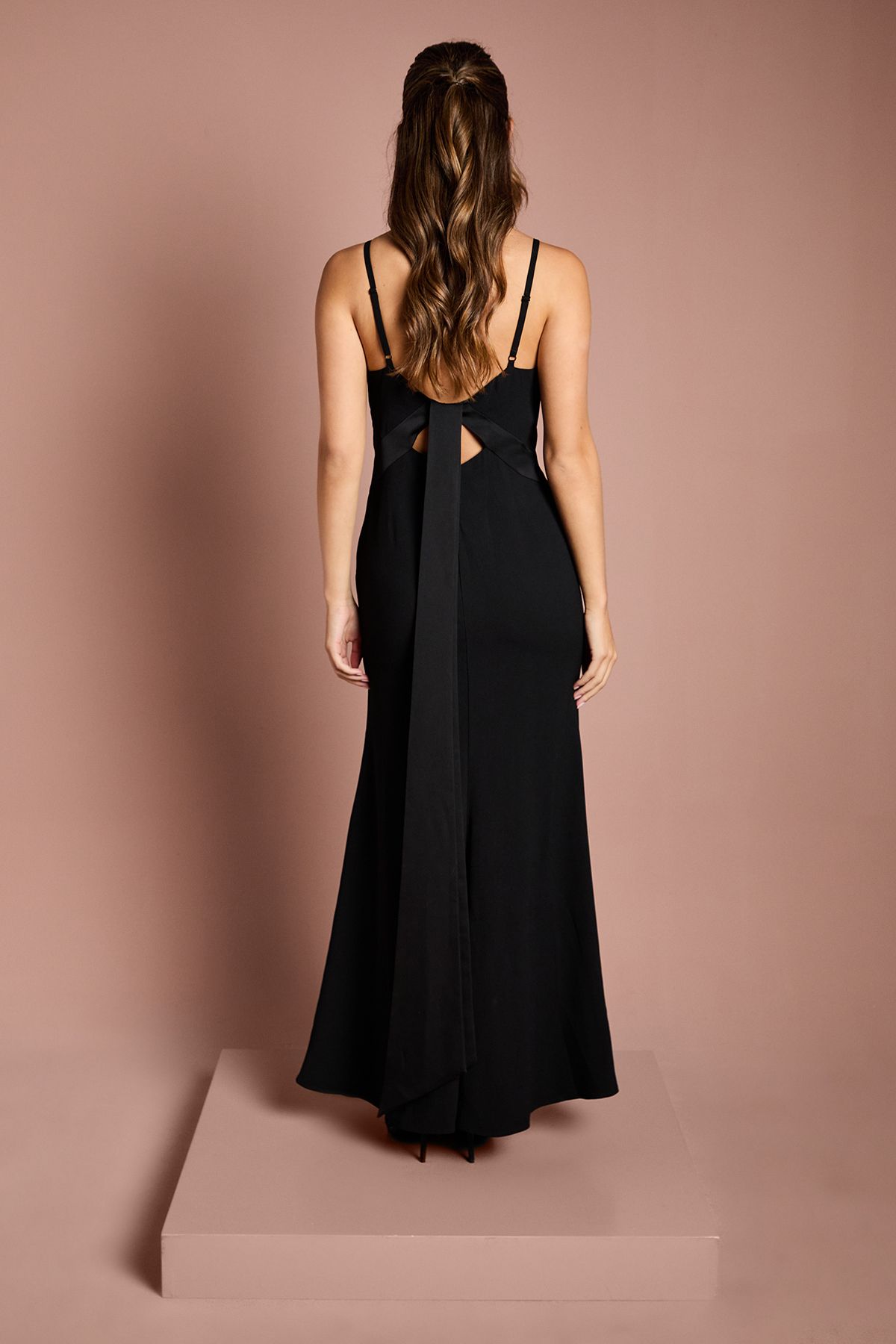 Coast Satin Strappy Maxi Bridesmaid Dress with Back Sash Detail Black image 3