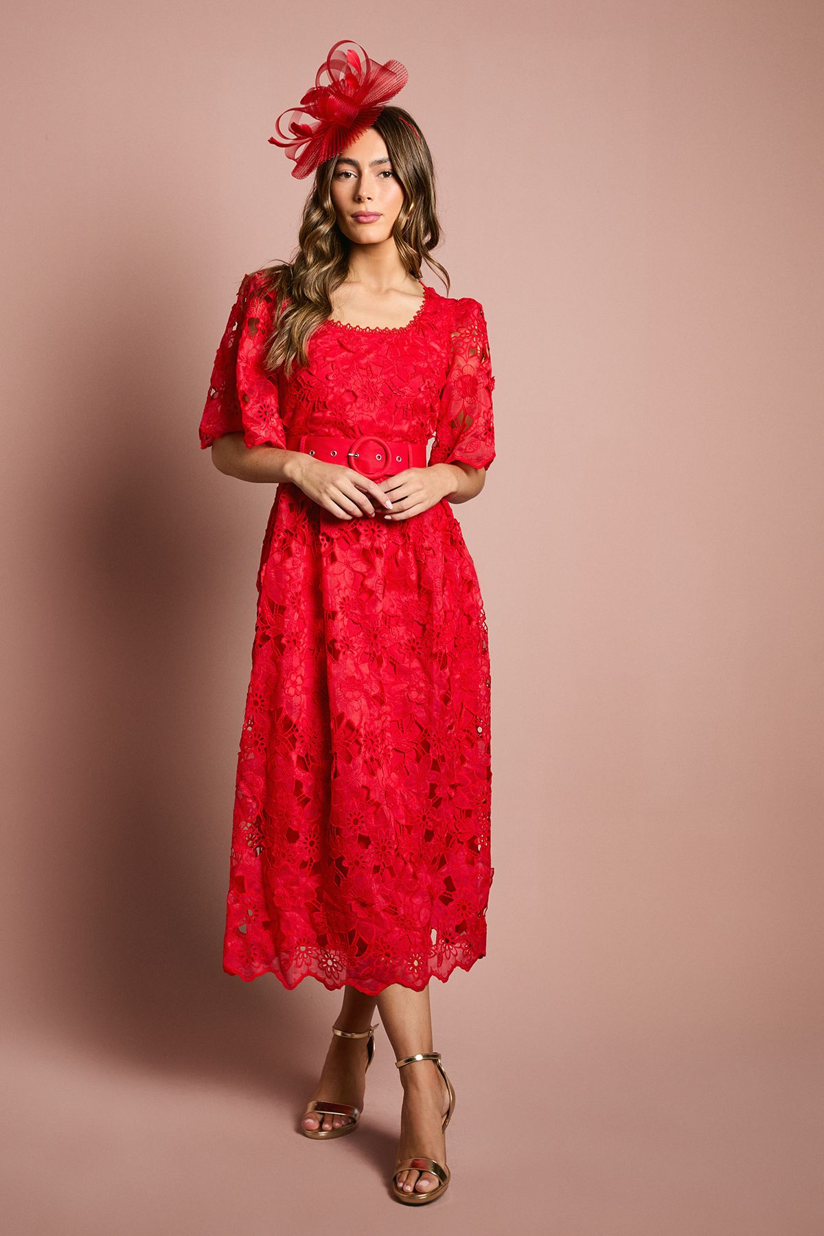Coast Short Sleeve Full Skirted Lace Midi Dress Red image 1