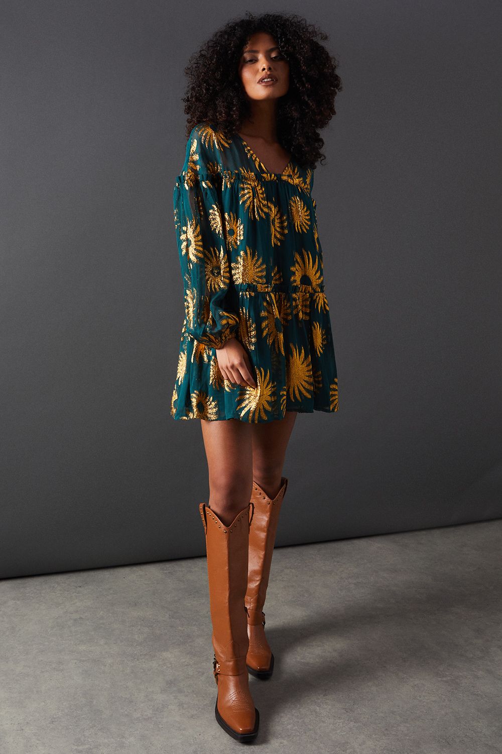 Warehouse Sun Metallic Jacquard Frill Detail Mini Smock Dress Dark Green image 4