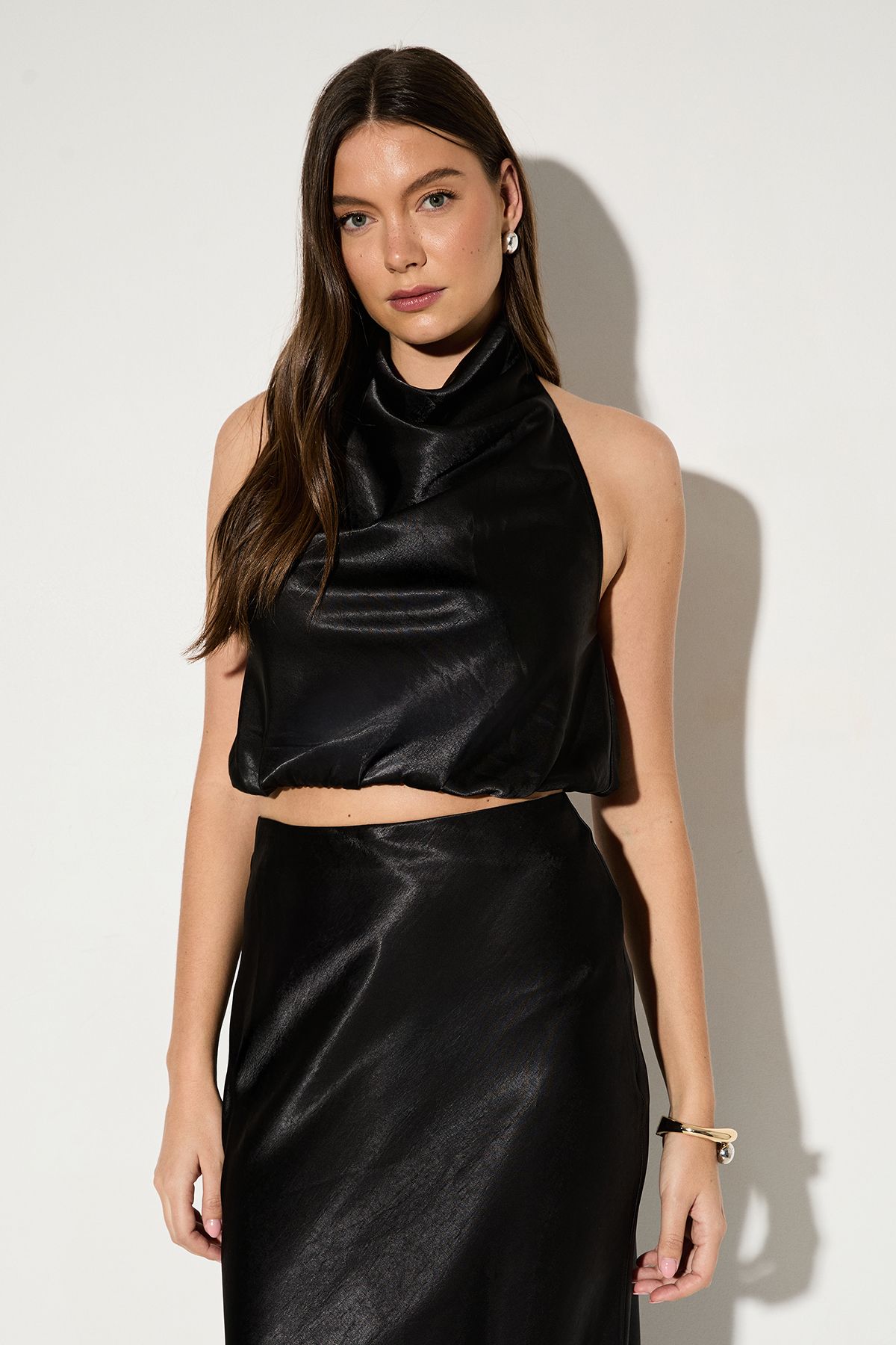MissPap Premium Satin Draped Crop Top Black