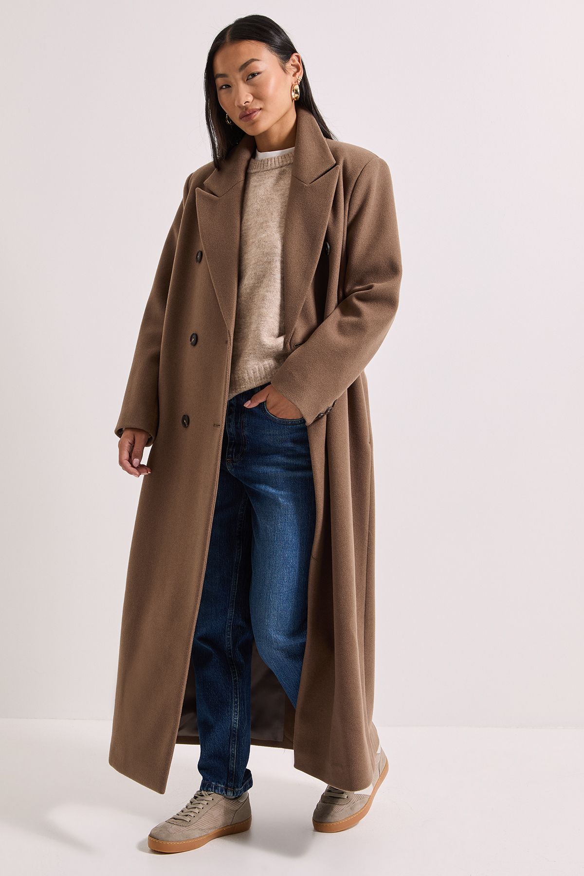 Dorothy Perkins Petite Maxi Length Double Breasted Coat Oatmeal image 1