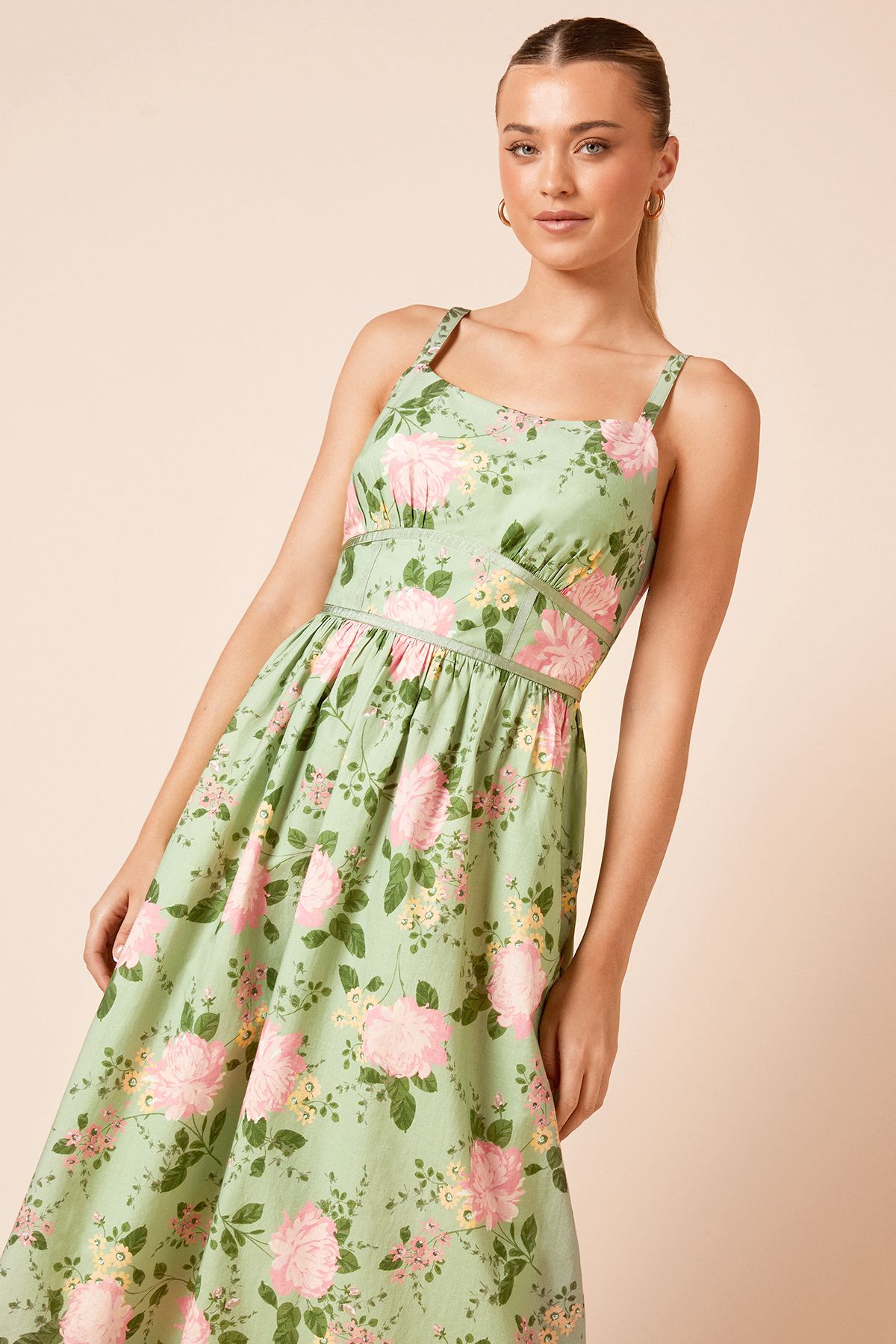 Dorothy Perkins Contrast Binding Detail Printed Poplin Midaxi Dress Green image 2