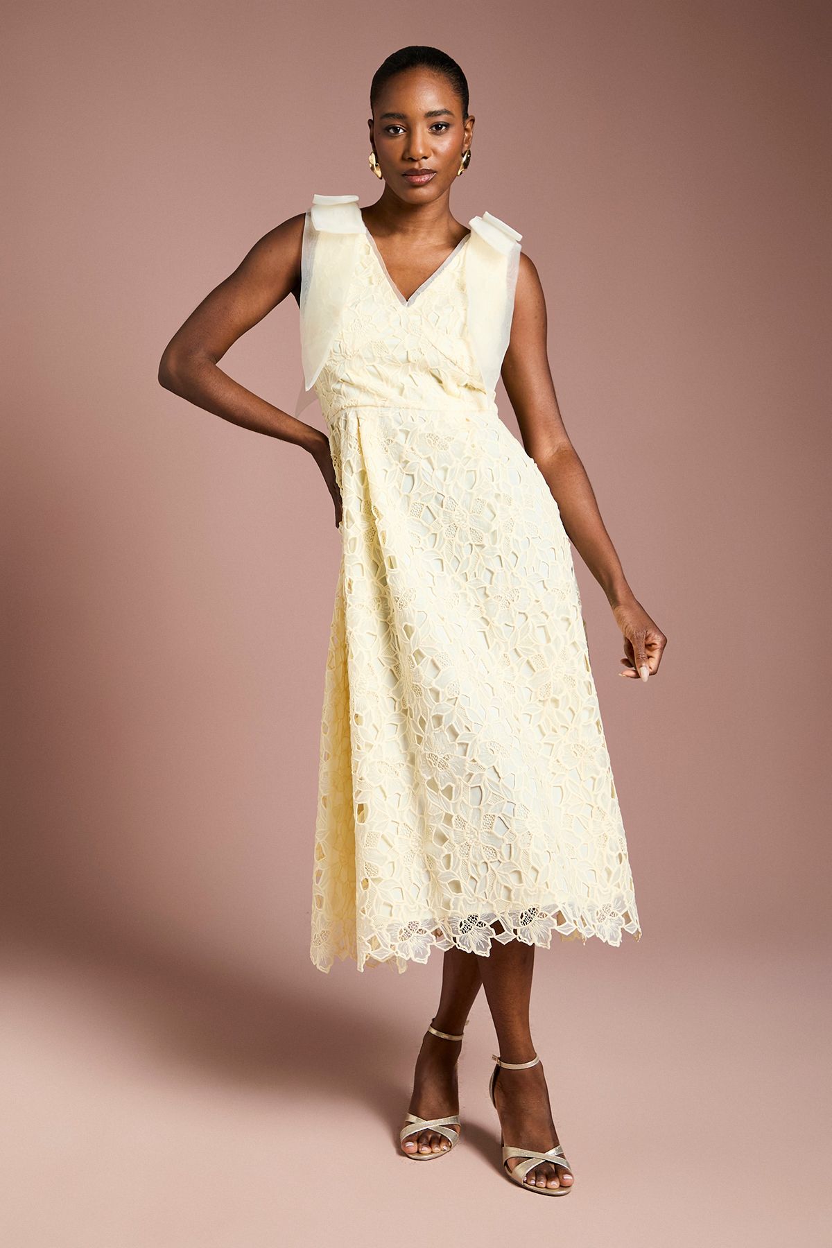 Coast Shoulder Organza Lace Midi Dress Lemon