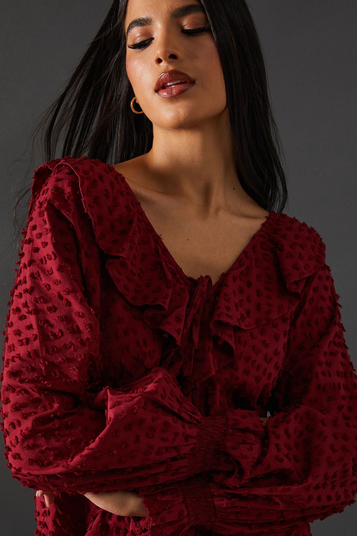 Warehouse Tufted Dobby Ruffle Neck Tie Front Blouse Dark Red image 2