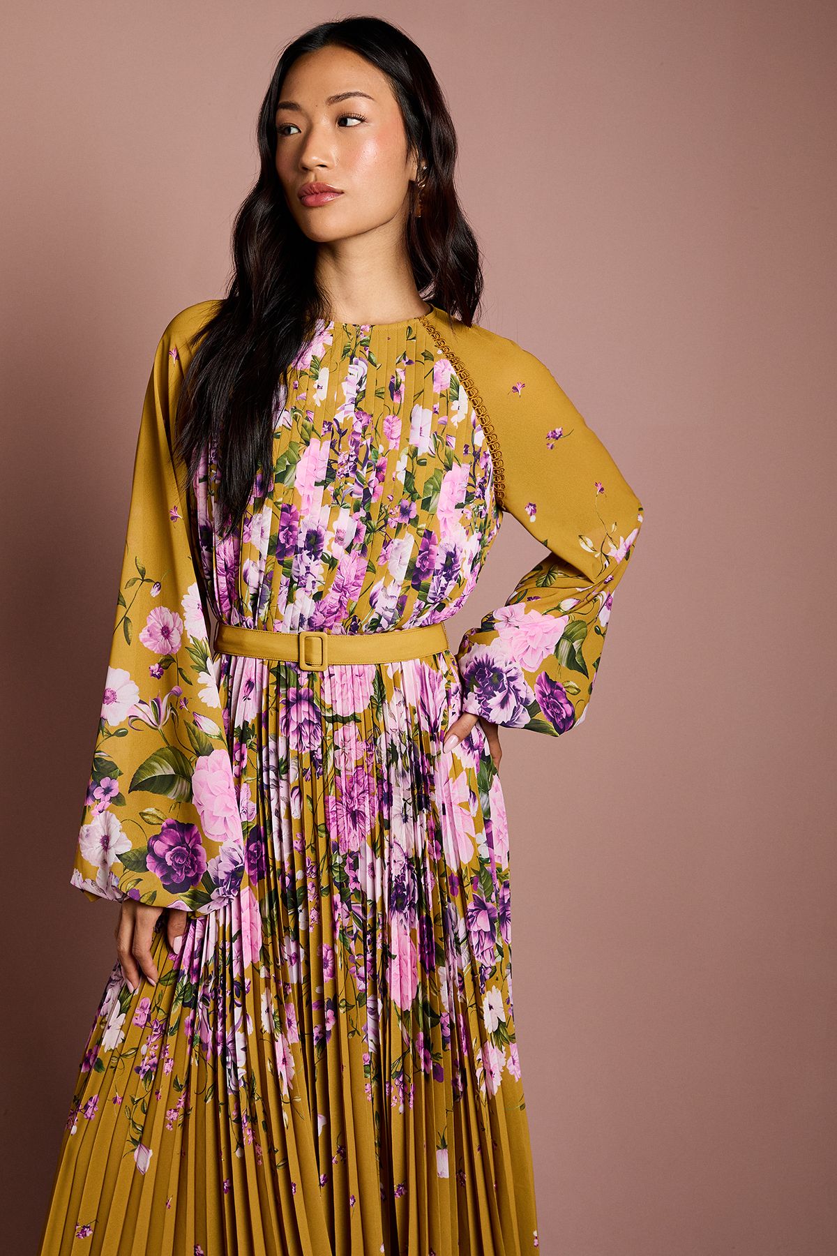 Coast Long Sleeve Floral Pleated Georgette Midi Dress Mustard image 2