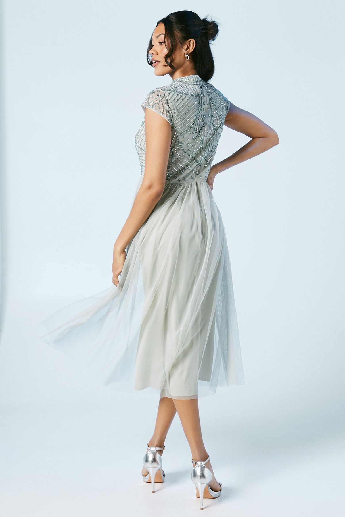 Coast Linear Encrusted Beaded Cap Sleeve Bridesmaid Midi Dress Sage image 3