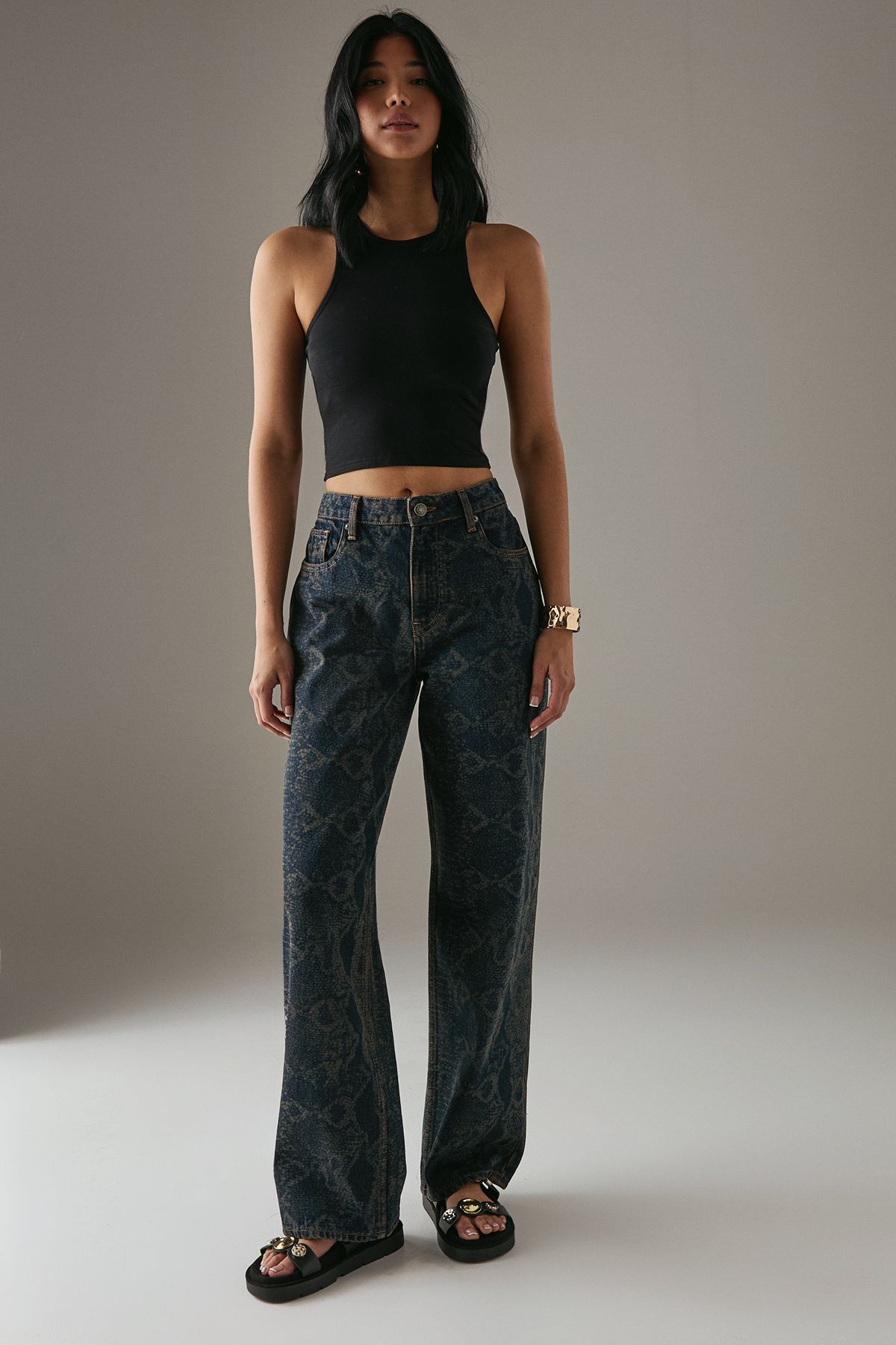 Warehouse Snake Print Straight Leg Jean Vintage Wash image 2