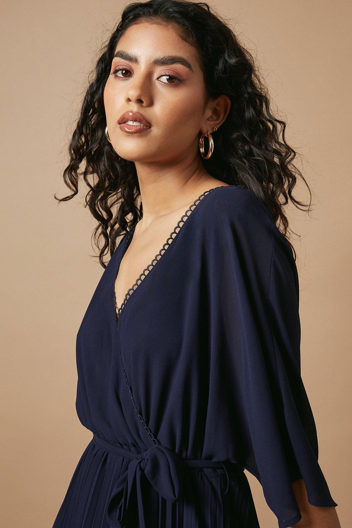 Oasis Petite Occasion Kimono Sleeve Pleated Midi Dress Navy image 4