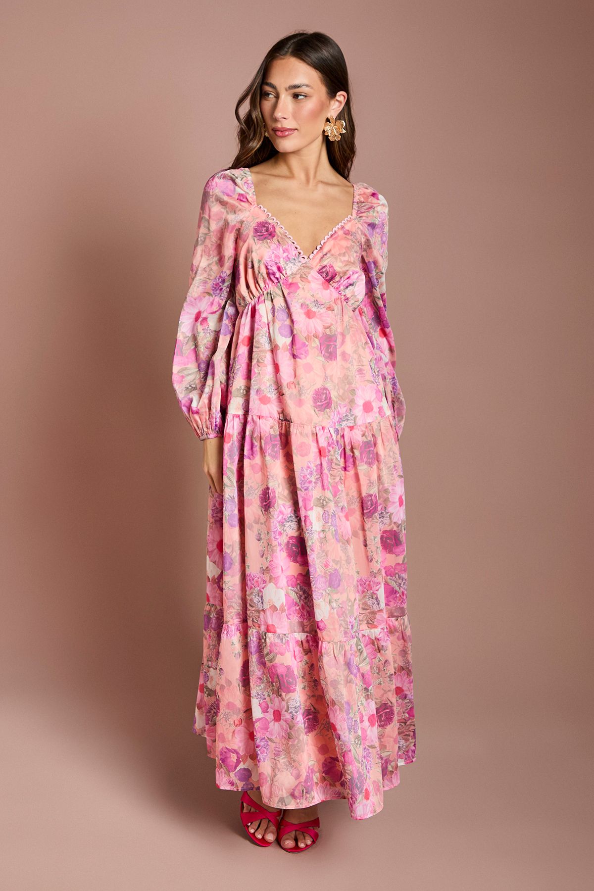 Coast Printed Blouson Midi Dress Pink