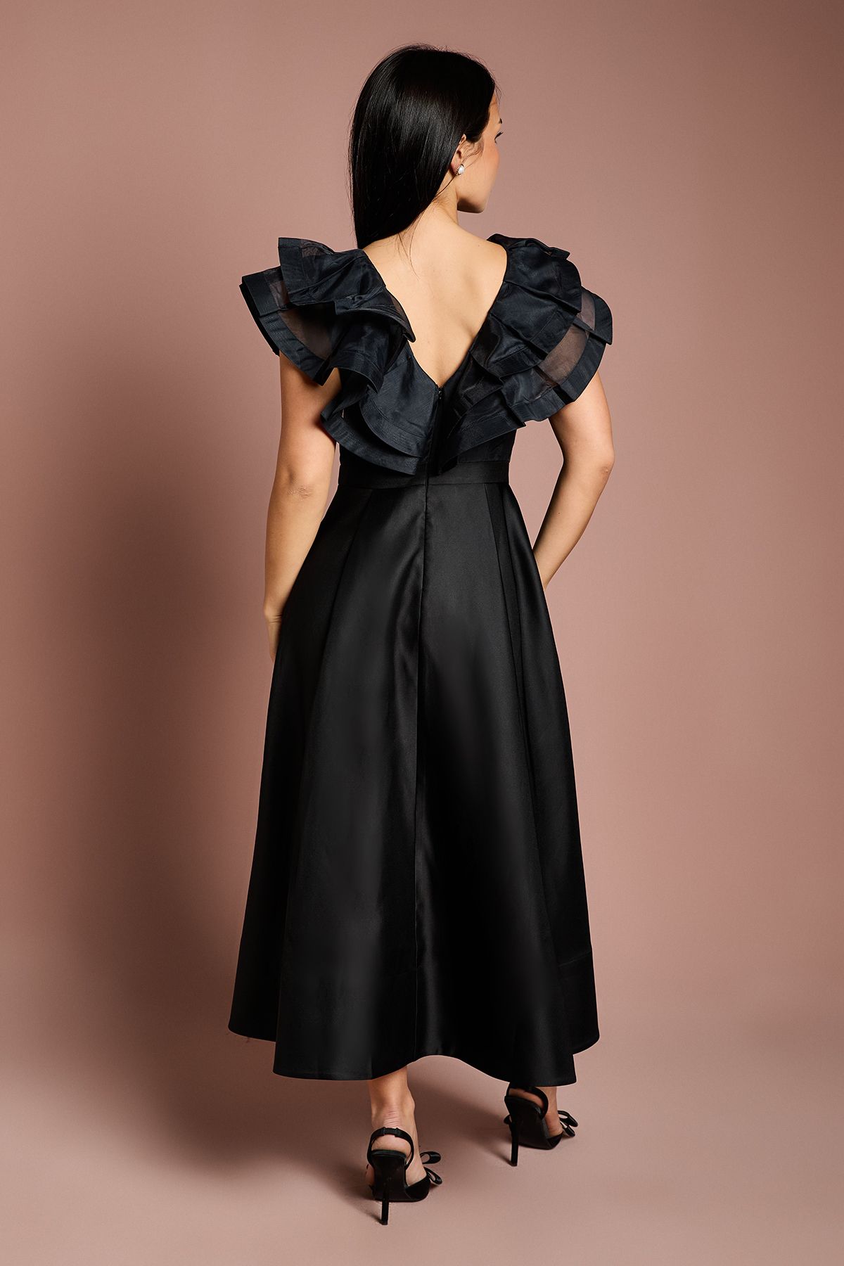 Coast Petite Volume Frill Shoulder Midi Dess Black image 3