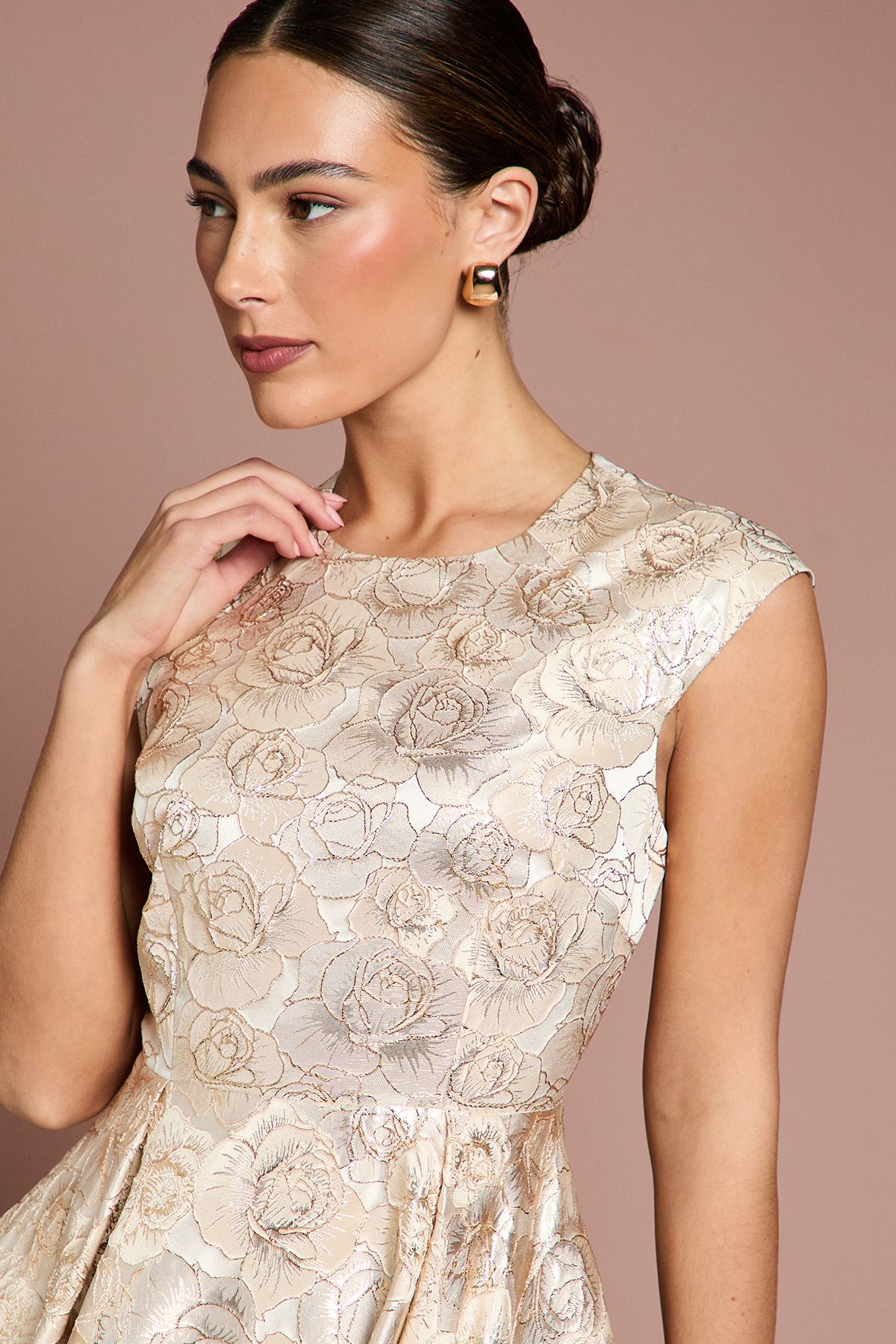 Coast Cap Sleeve High Low Jacquard Midi Dress Champagne image 2