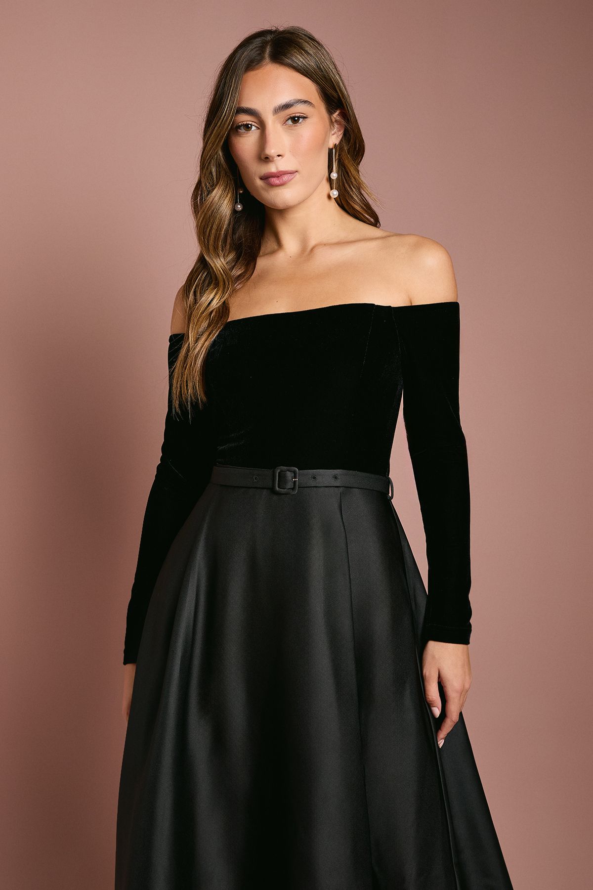 Coast Long Sleeve Bardot Full Skirted Midi Dress Black image 2