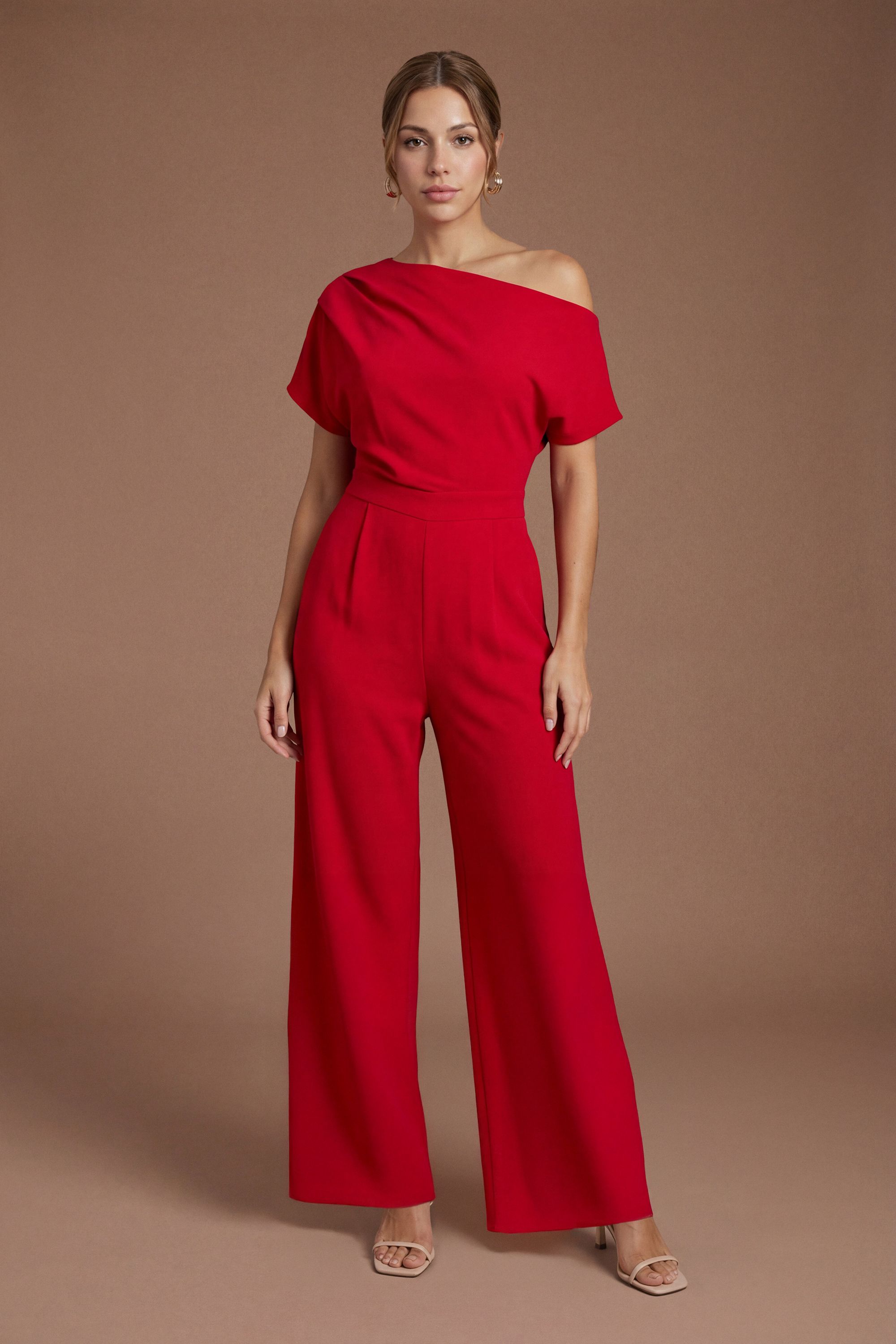 Coast Petite Pleat Off The Shoulder Jumpsuit Flame Red