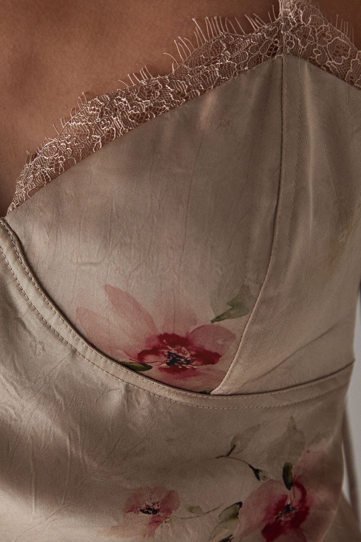 Warehouse Rose Satin Tie Strap Lace Detail Midi Slip Dress Floral image 5