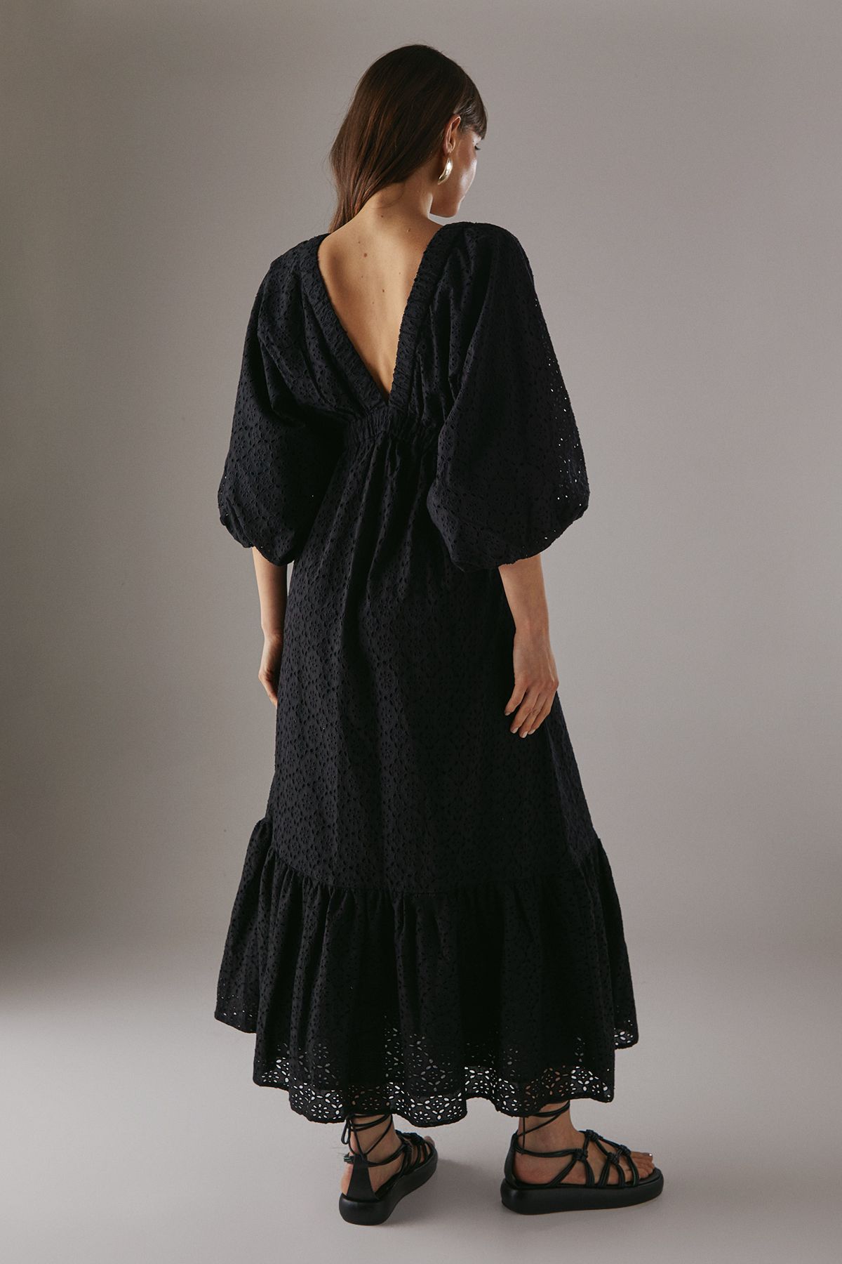 Warehouse Broderie Plunge Neck Volume Sleeve Smock Midi Dress Black image 3