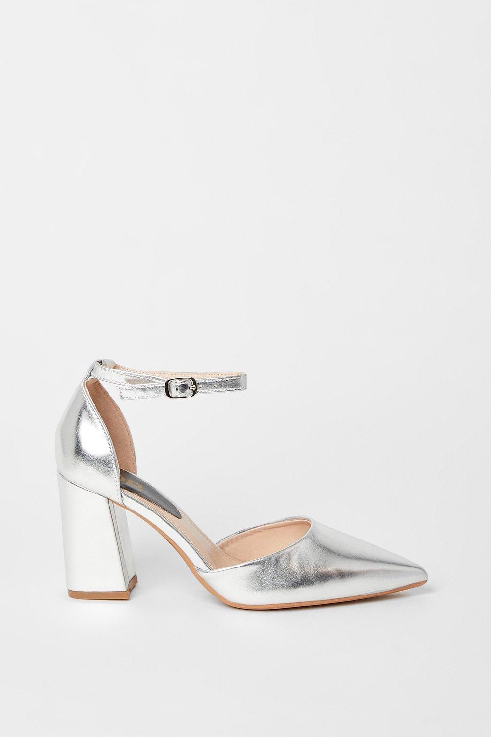 Dorothy Perkins Blanche Ankle Strap Pointed High Block Heel Court Shoes Silver image 2