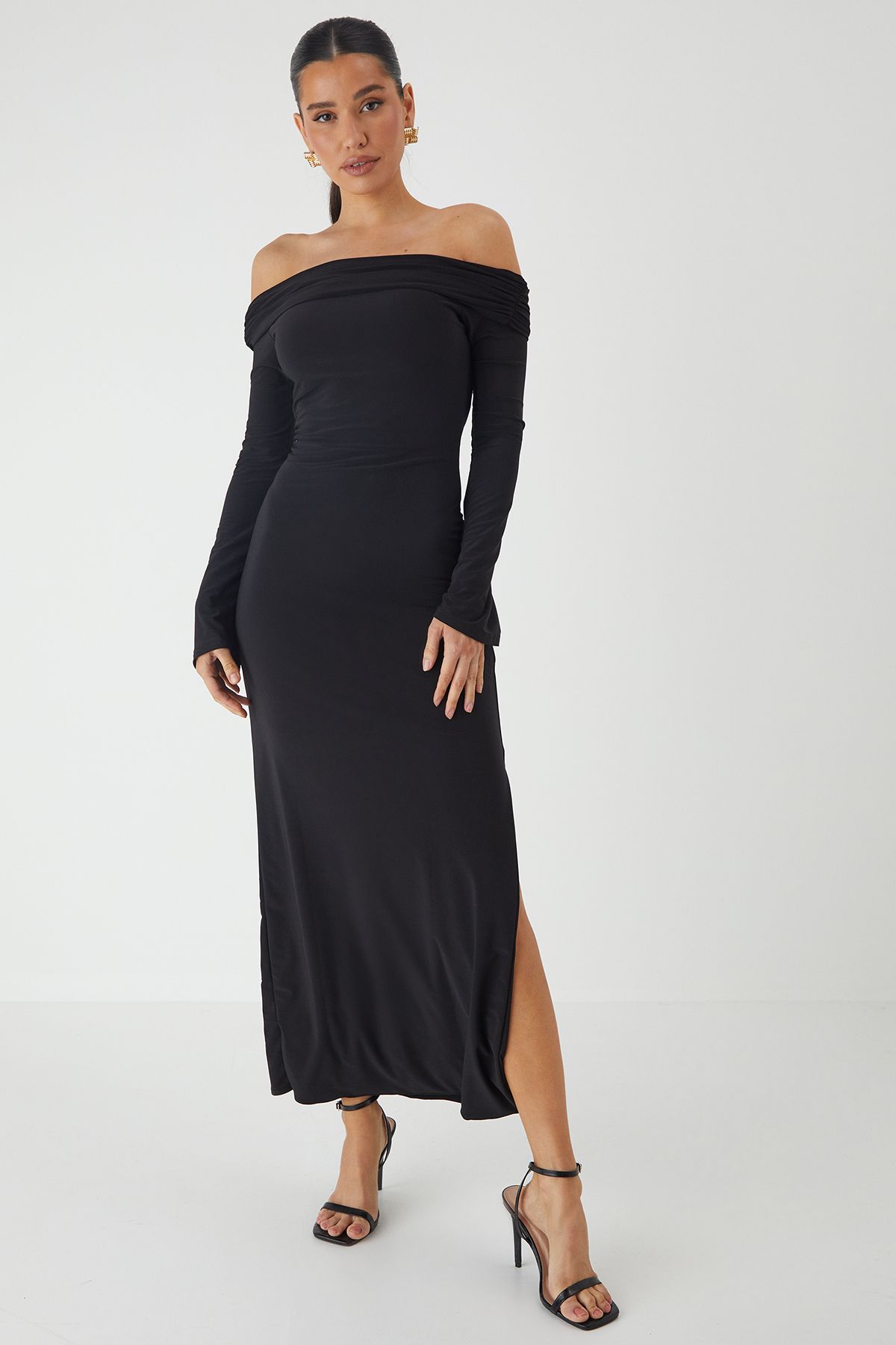 MissPap Bardot Fold Over Open Back Maxi Dress Black image 1