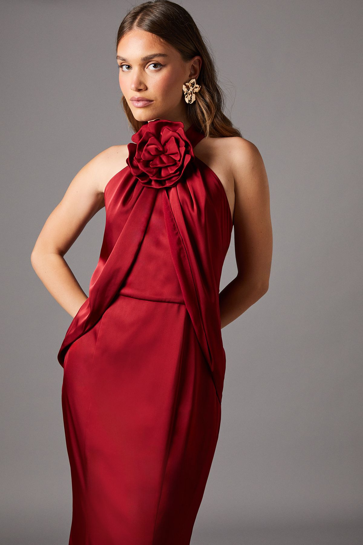 Coast Halterneck Satin Maxi Dress With Flower Red image 2