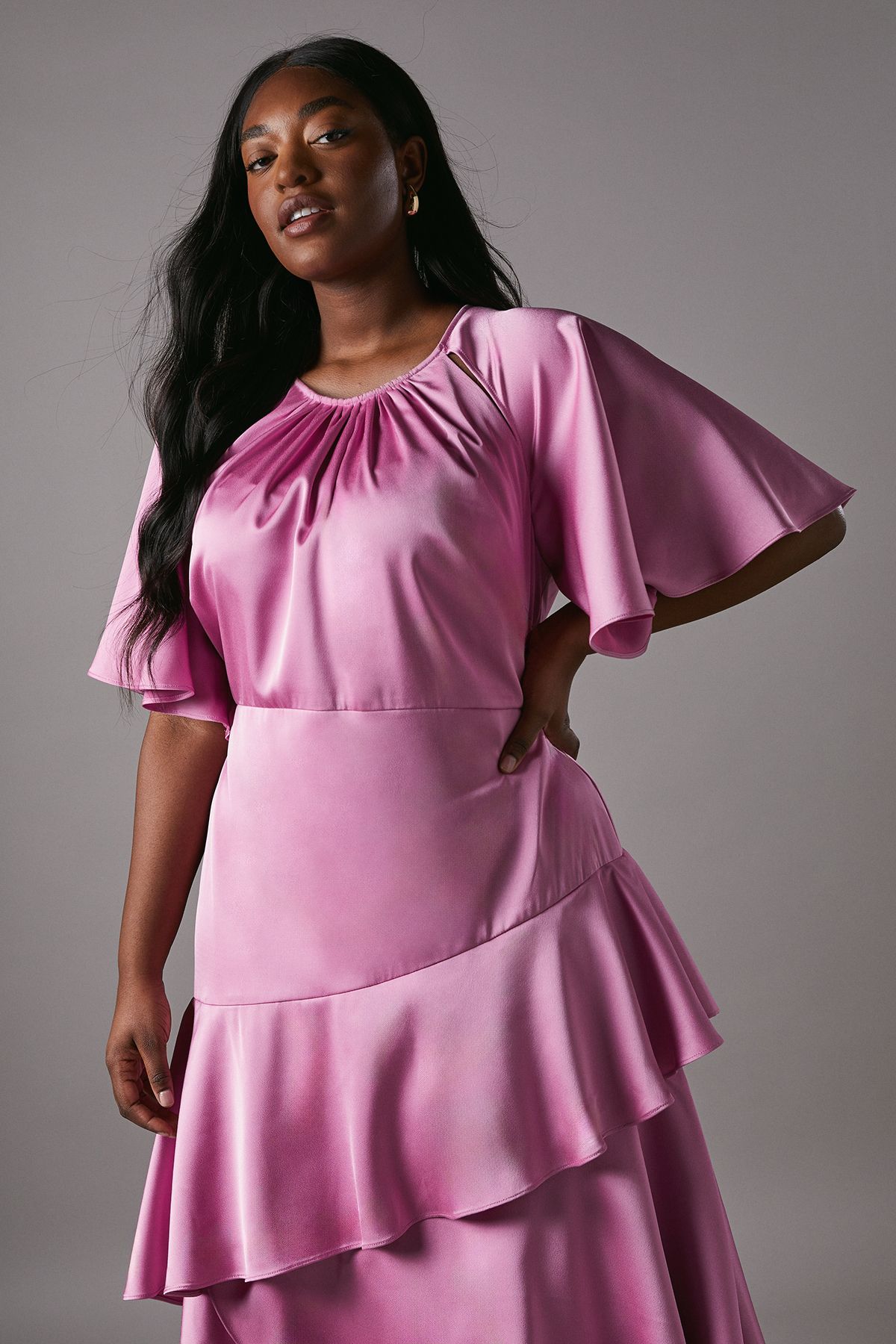 Coast Plus Cut Out Sleeve Satin Midi Dress Pink image 2