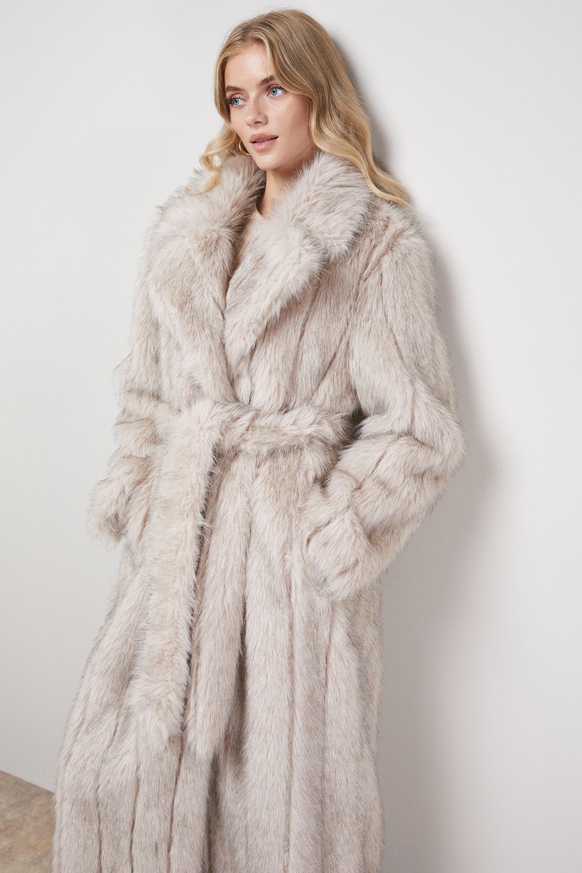 Oasis Belted Faux Fur Maxi Coat Natural image 1