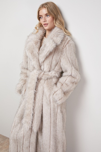 Oasis Belted Faux Fur Maxi Coat Natural