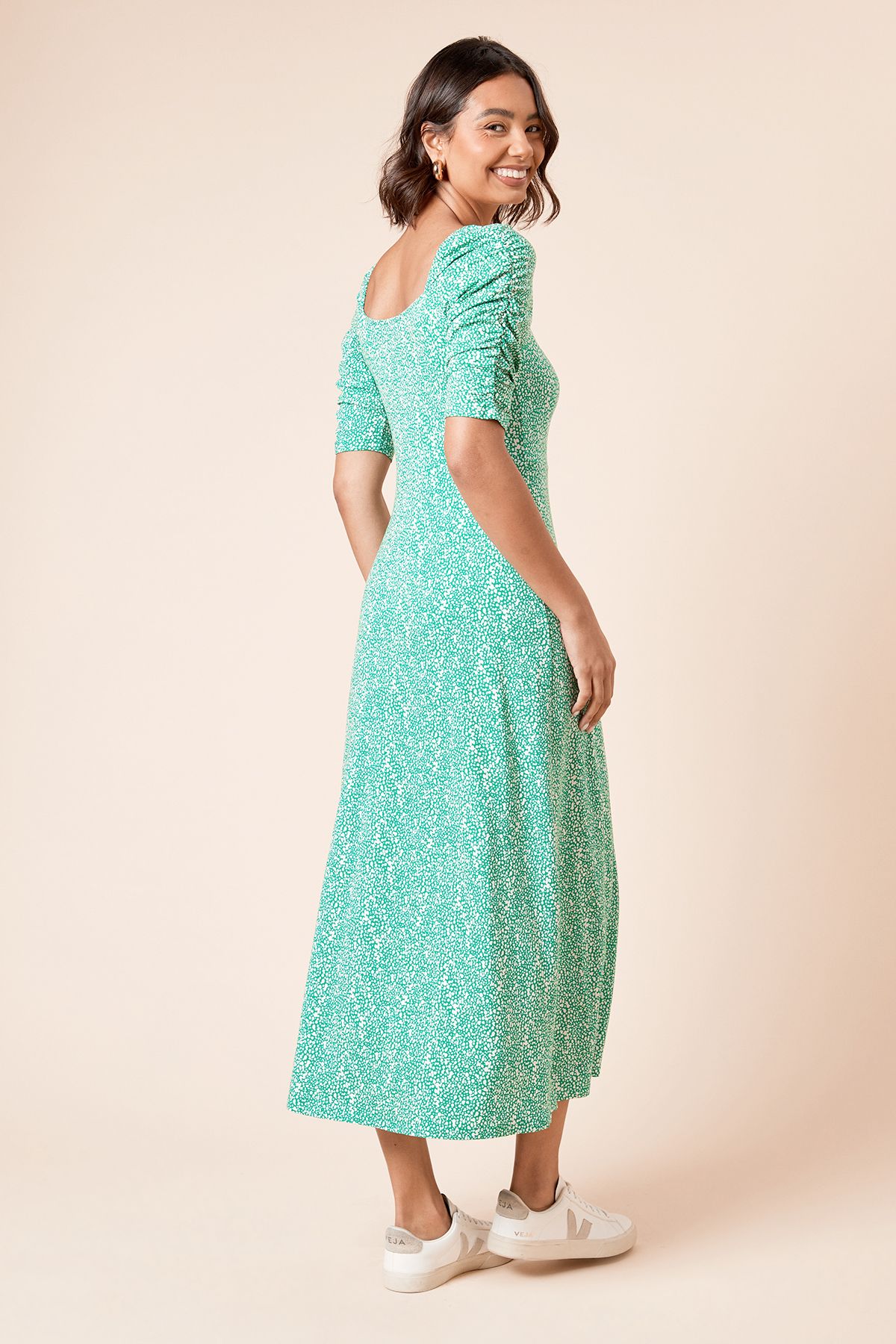 Dorothy Perkins Square Neck Green Spot Short Sleeve Midi Dress Green image 3