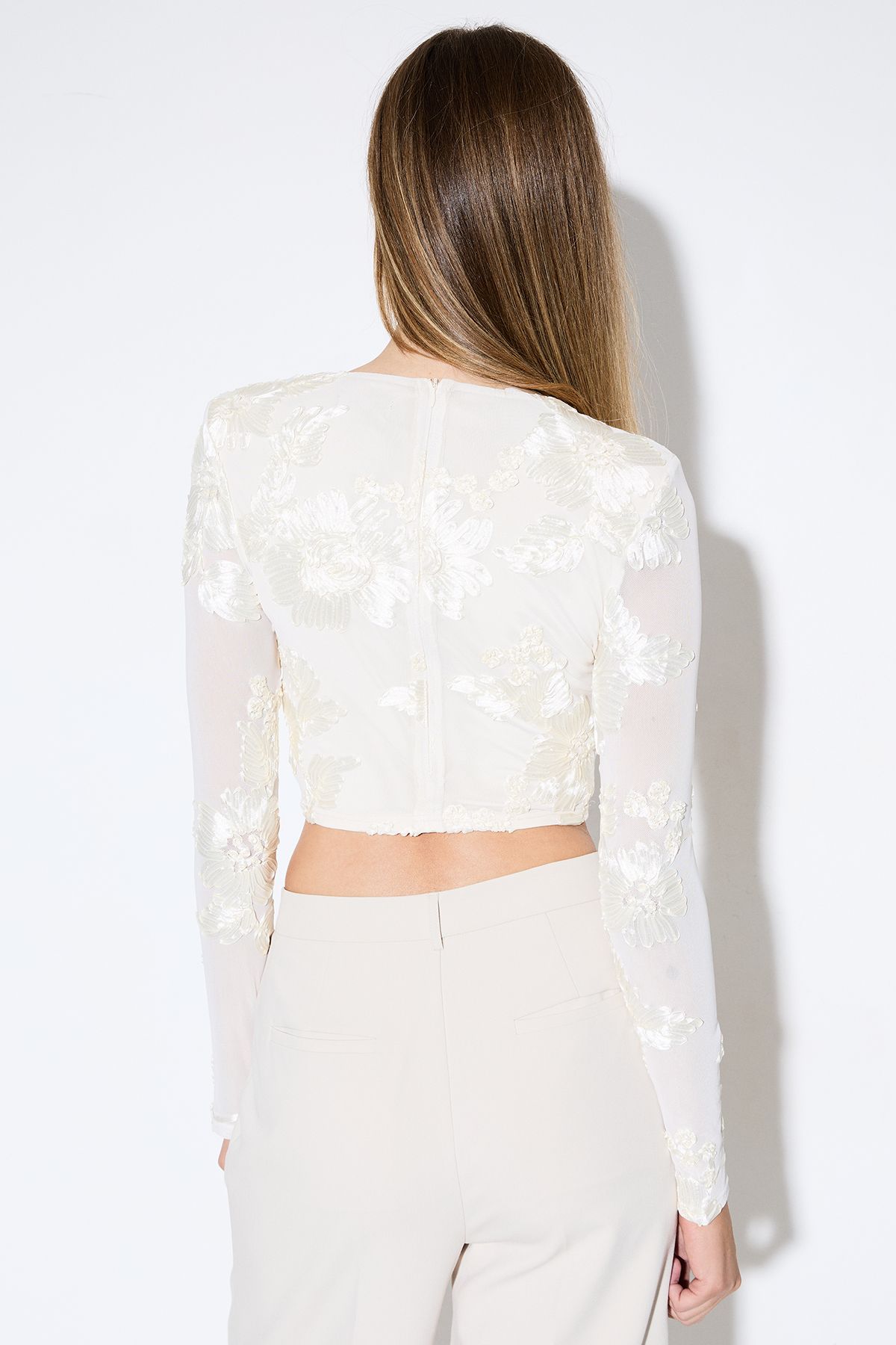 MissPap Textured Floral Mesh Top Ivory image 3