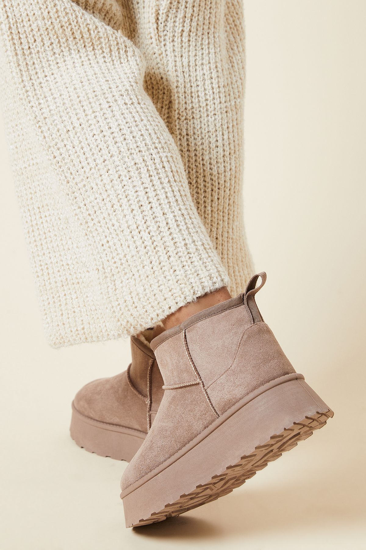 Dorothy Perkins Hadiya Suedette Faux Fur Lined Cosy Chunky Flatform Ankle Boots Taupe image 3