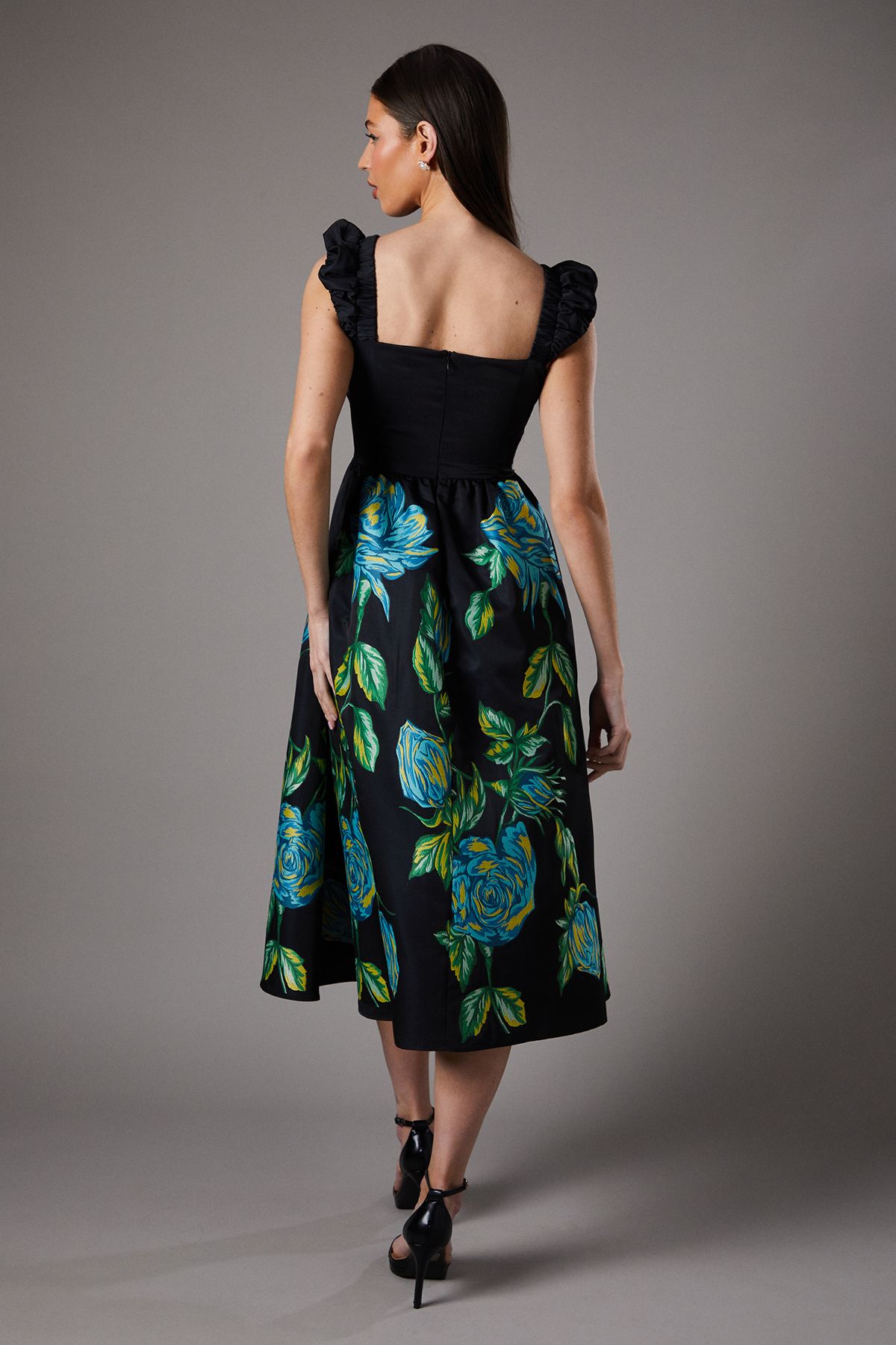 Coast Embroidered Floral Hem Dress With Puff Sleeve Black image 3