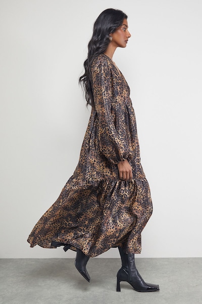Warehouse Textured Organza Wrap Tier Smock Midi Dress Animal