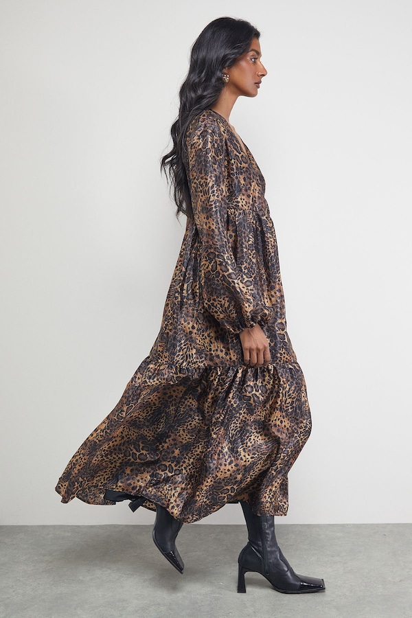 Warehouse Textured Organza Wrap Tier Smock Midi Dress Animal