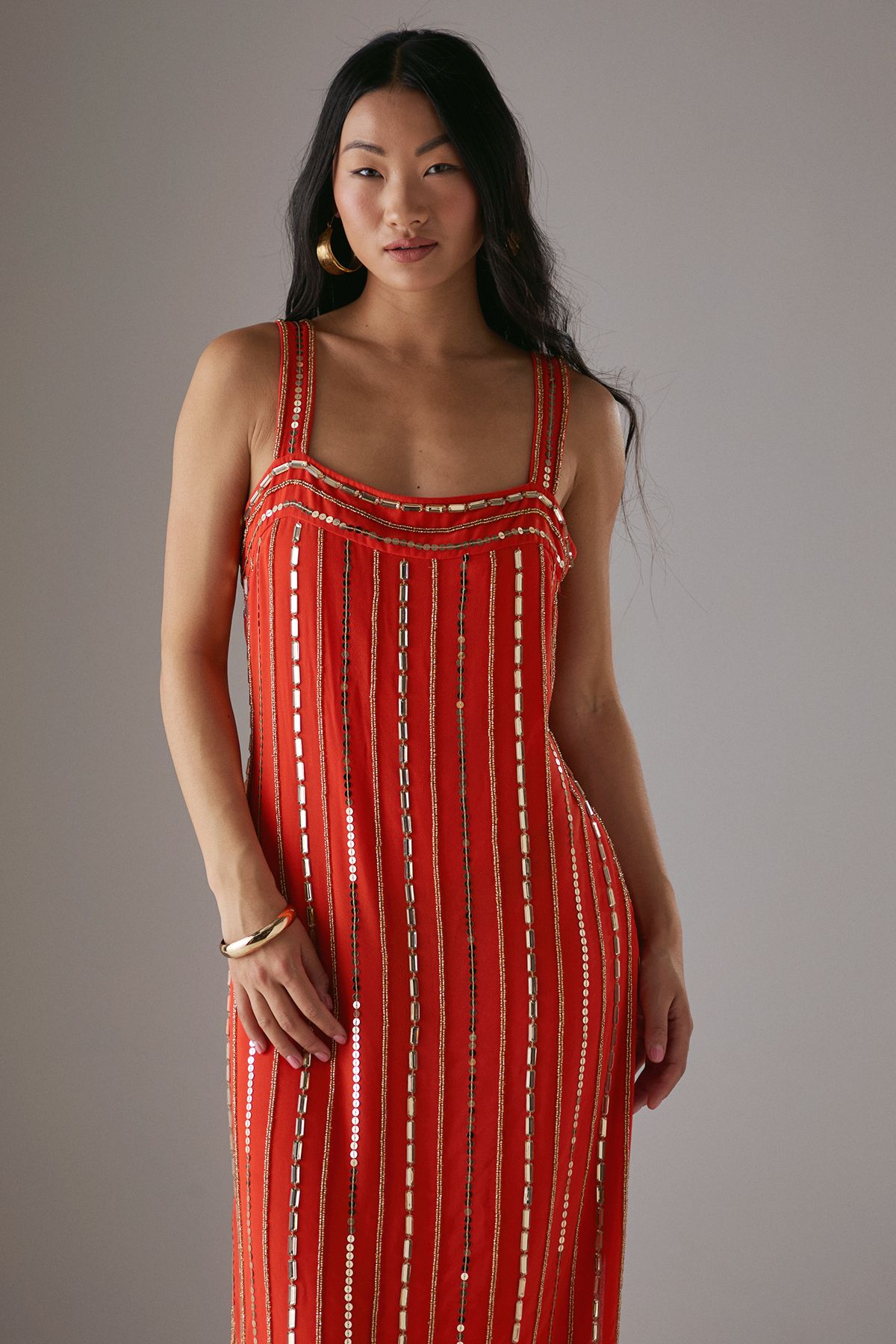 Warehouse Petite Hand Embellished Square Neck Strappy Midi Dress Burnt Orange image 2