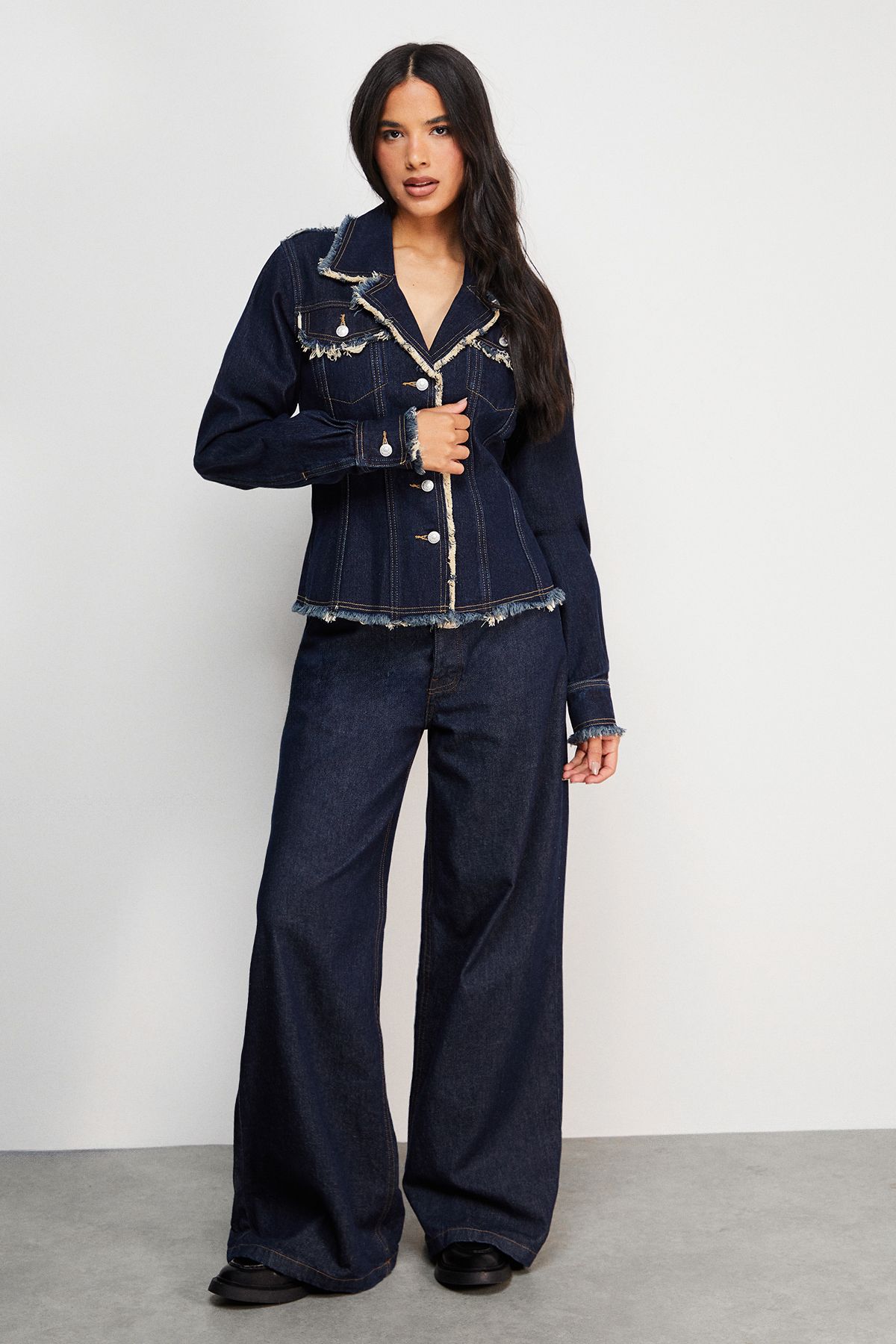 Warehouse Front Fitted Denim Jacket With Frayed Hem Indigo image 2