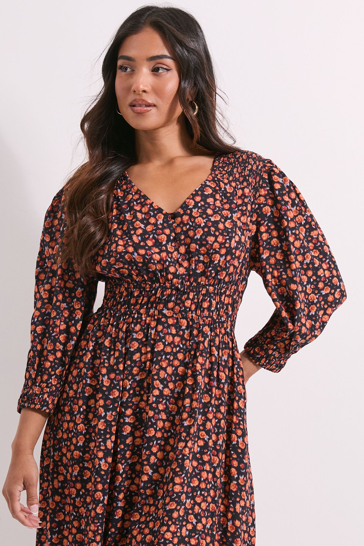 Dorothy Perkins Petite Shirred Detail Blouson Sleeve Midi Dress Orange image 2