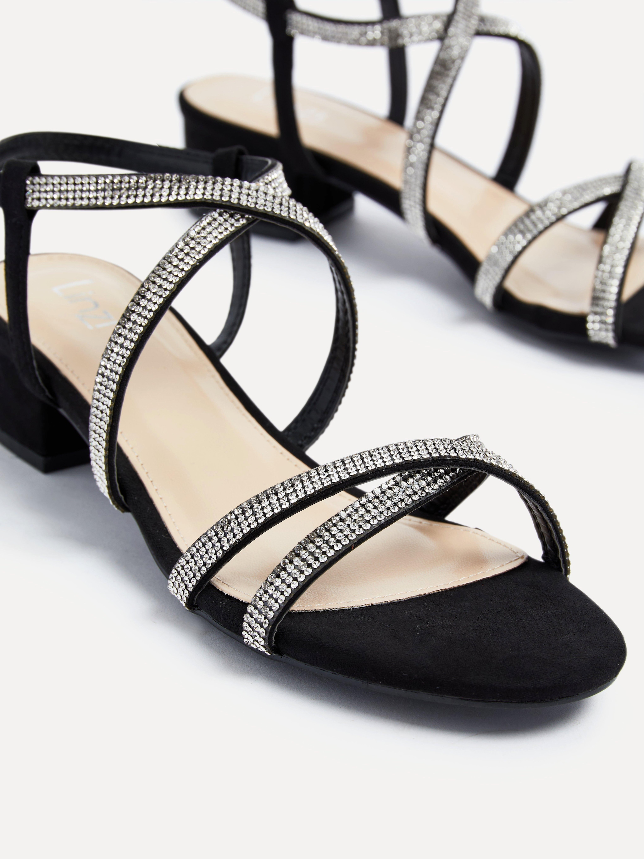 Linzi Glow Black Faux Suede Crossover Diamante Straps Low Block Heeled Sandal image 4