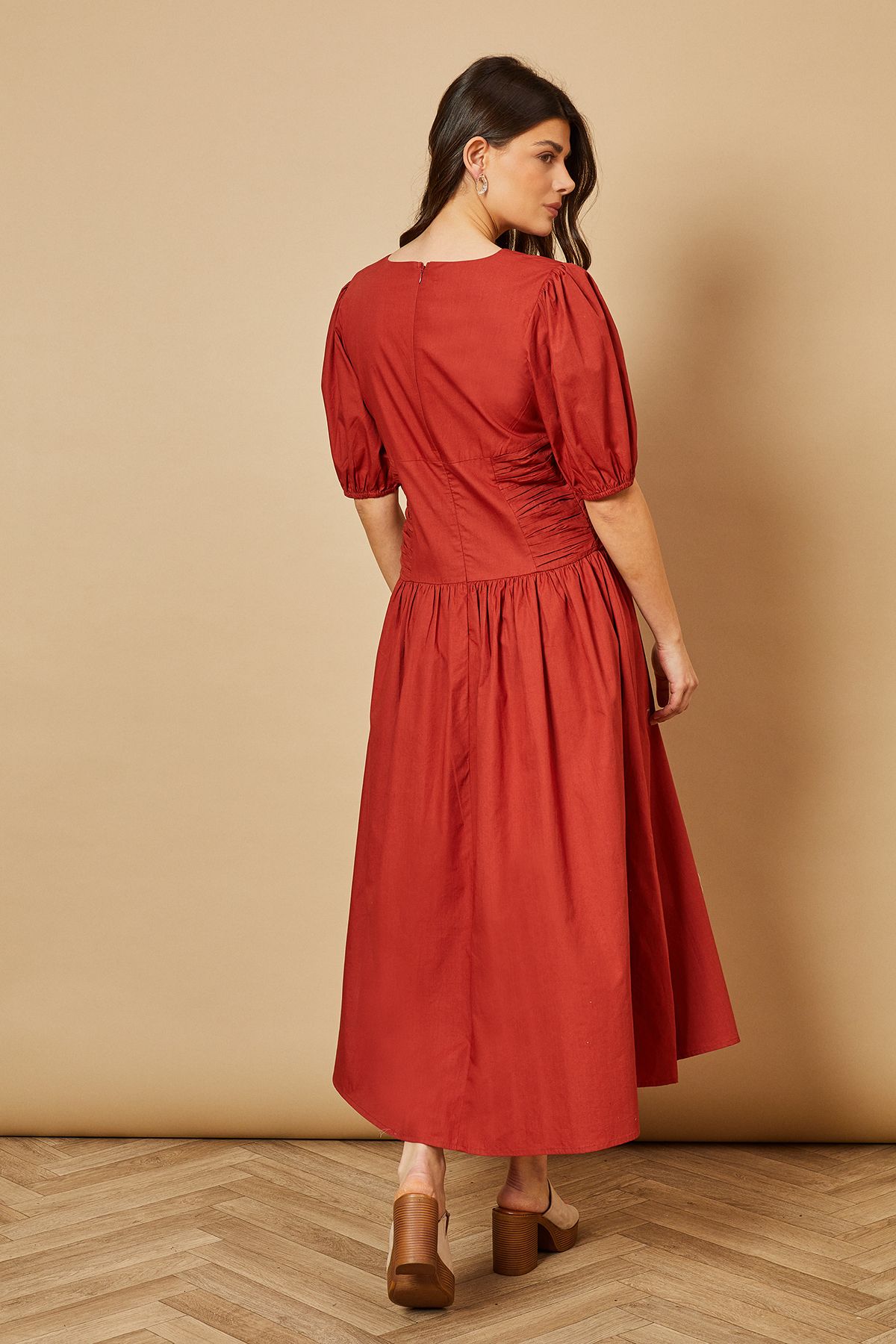 Oasis Poplin Panel Ruched Dress Rust image 3